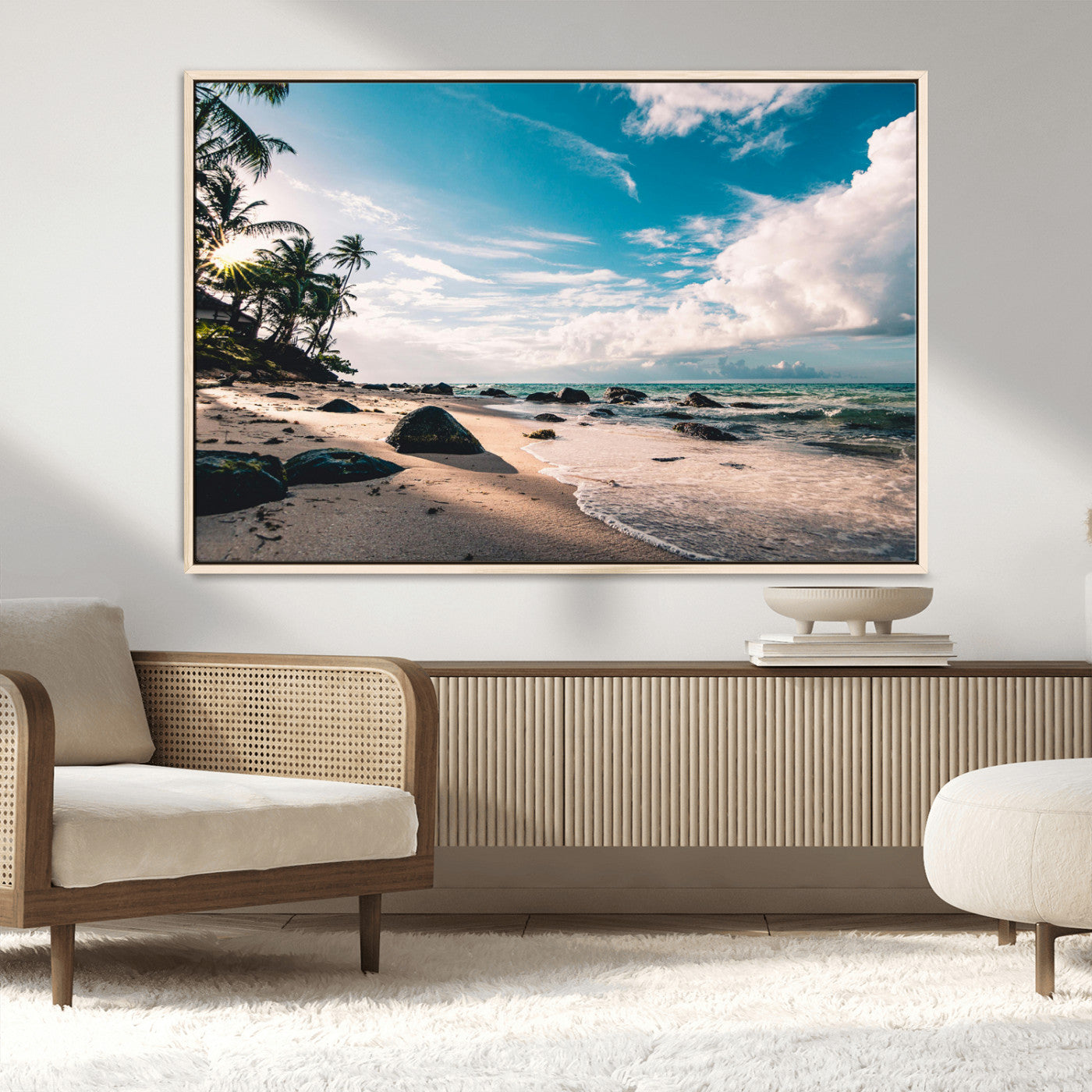 95301406-MGV-FC-36X24_Natural-Tropical Beach Wall Art Canvas Print, Framed Ocean Waves Art Picture Print, Relazxing Seascape Perfect Tropical Coastal Decor