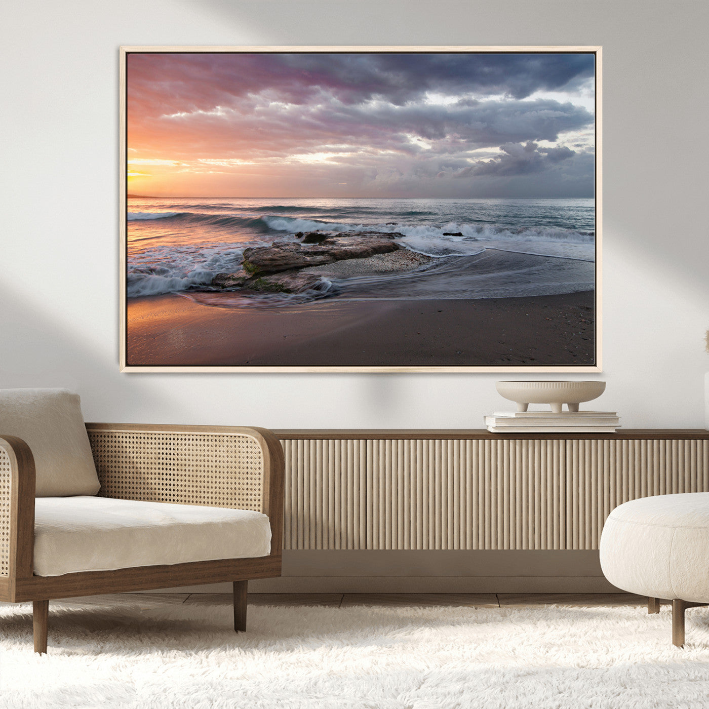 94208089-MGV-FC-36X24_Natural-Golden Hour Wall Art Canvas Print, Framed Tranquil Waves Art Picture Print, Beach Horizon Perfect Coastal Serenity Decor Artwork
