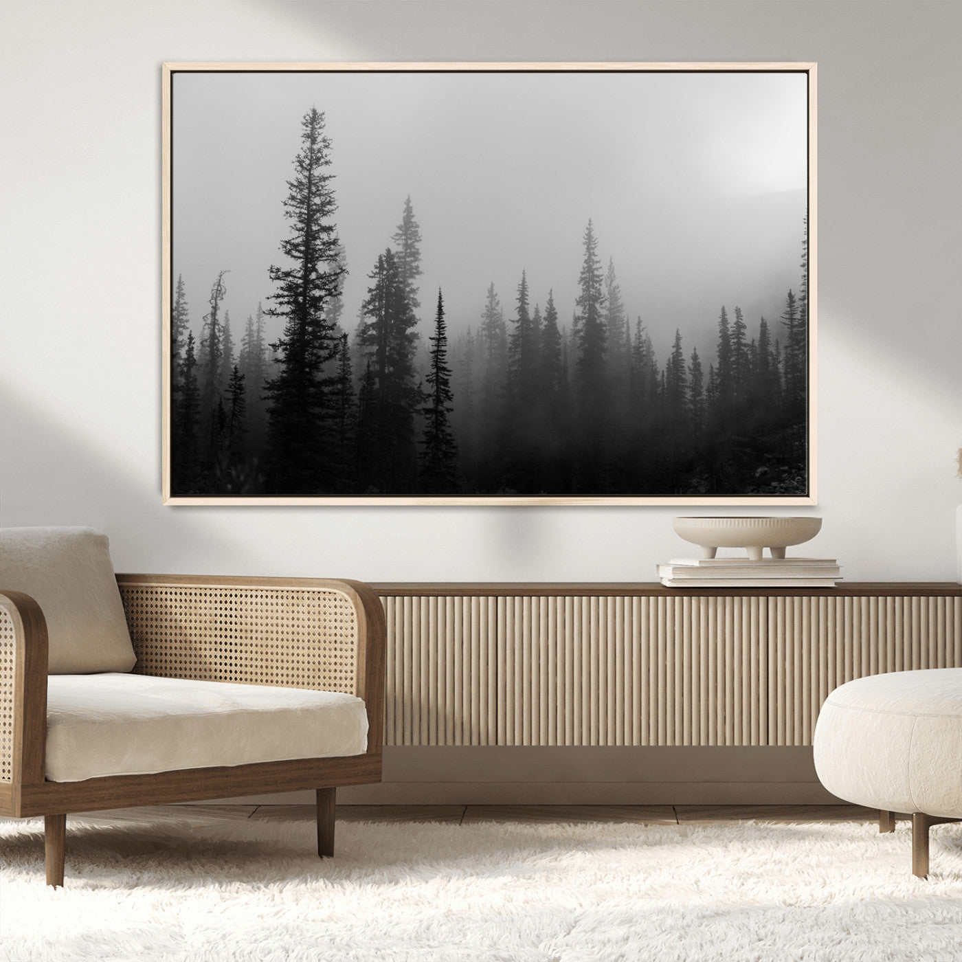 73138900-MGV-CV-36X24-Misty Pines Wall Art Canvas Print, Framed Woodland Photography Art Picture Print, Minimalist Decor Perfect Modern Rustic Decor