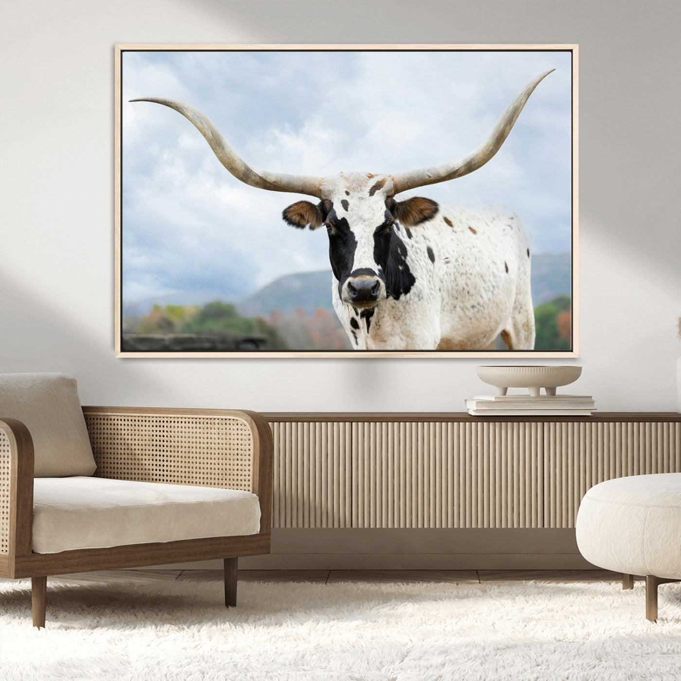 63592811-MGV-CV-36X24-Texas Longhorn Wall Art Canvas Print, Framed Western Rustic Art Picture Print, Farmhouse Decor Perfect Rustic Farmhouse Decor