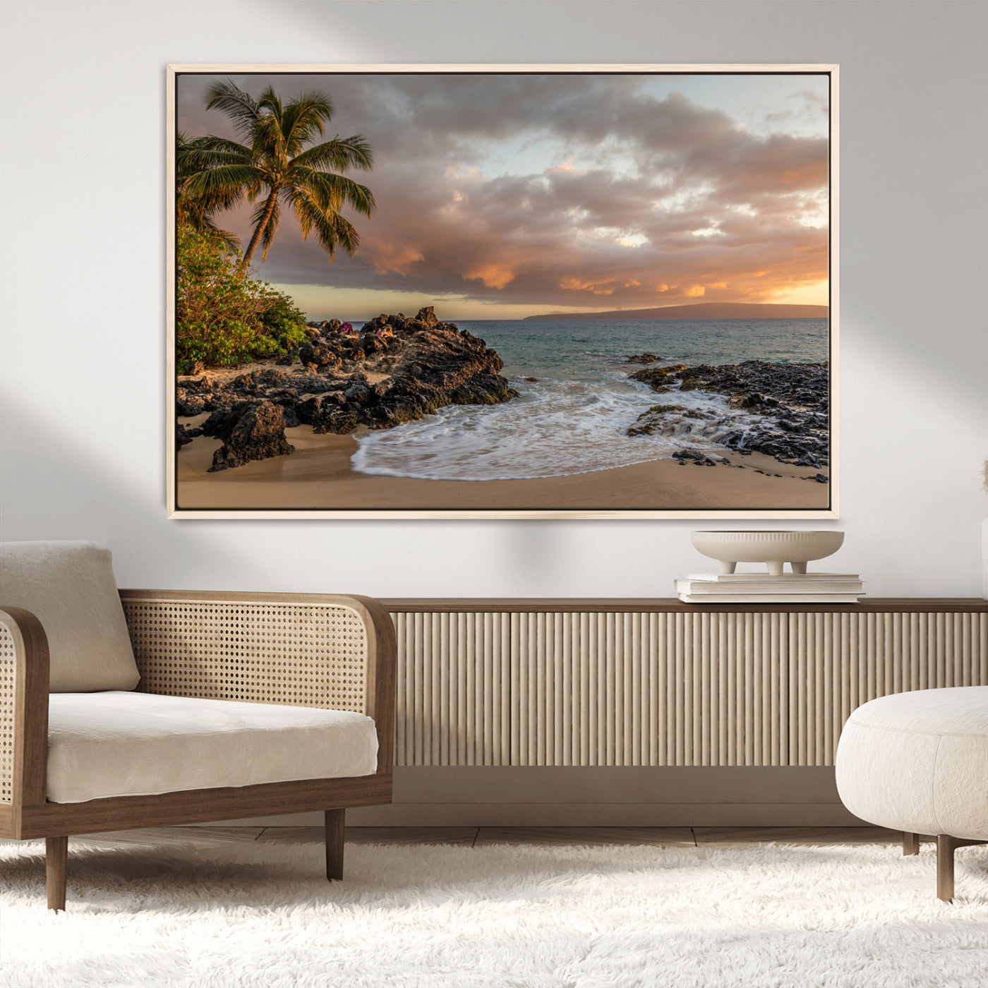 55108220-MGV-CV-36X24-Tropical Beach Wall Art Canvas Print, Framed Hawaiian Sunset Art Picture Print, Ocean Waves Perfect Coastal Tropical Decor Artwork