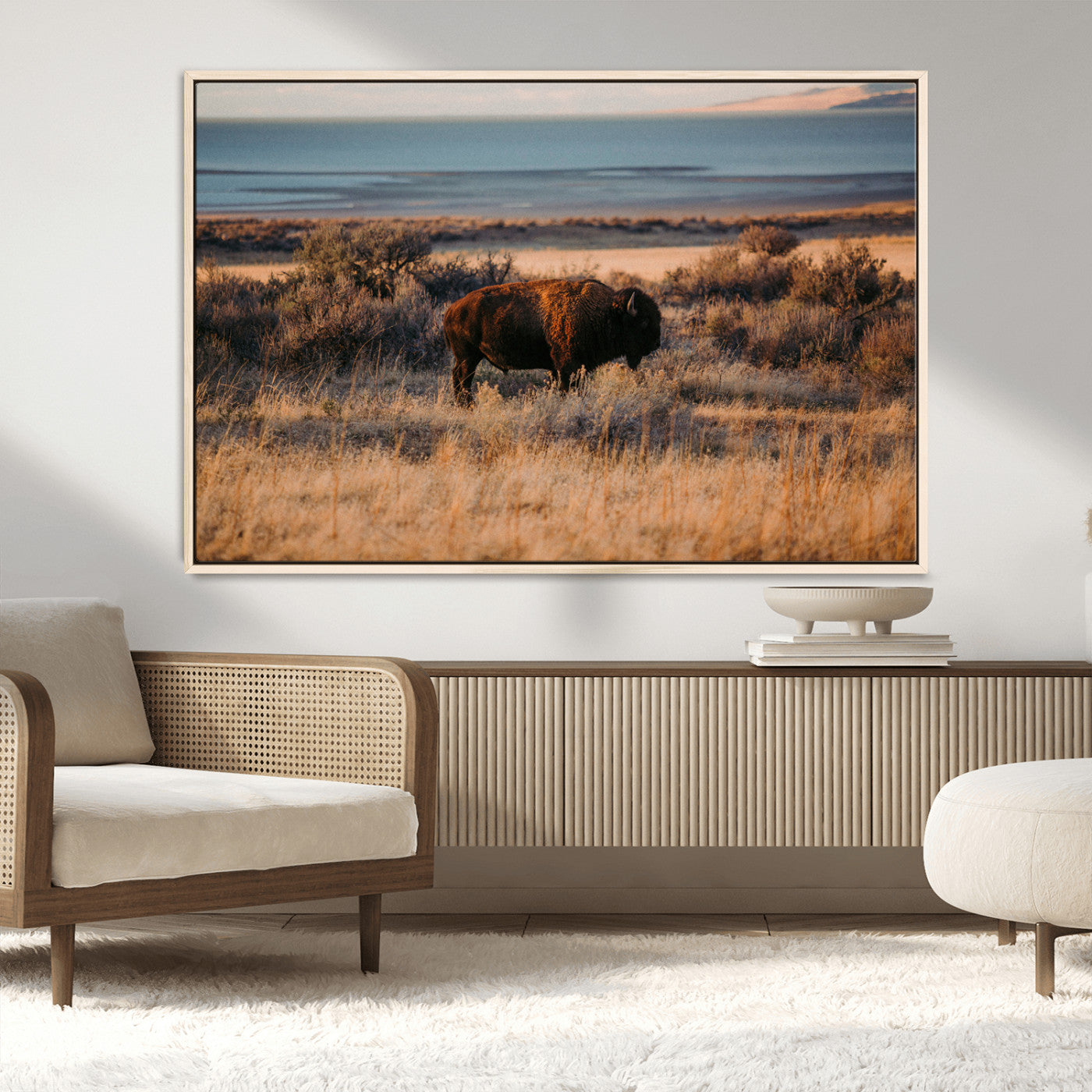 39509187-MGV-CV-36X24-Western Wildlife Wall Art Canvas Print, Framed Bison Art Picture Print, Golden Hour Perfect Western Rustic Decor Artwork