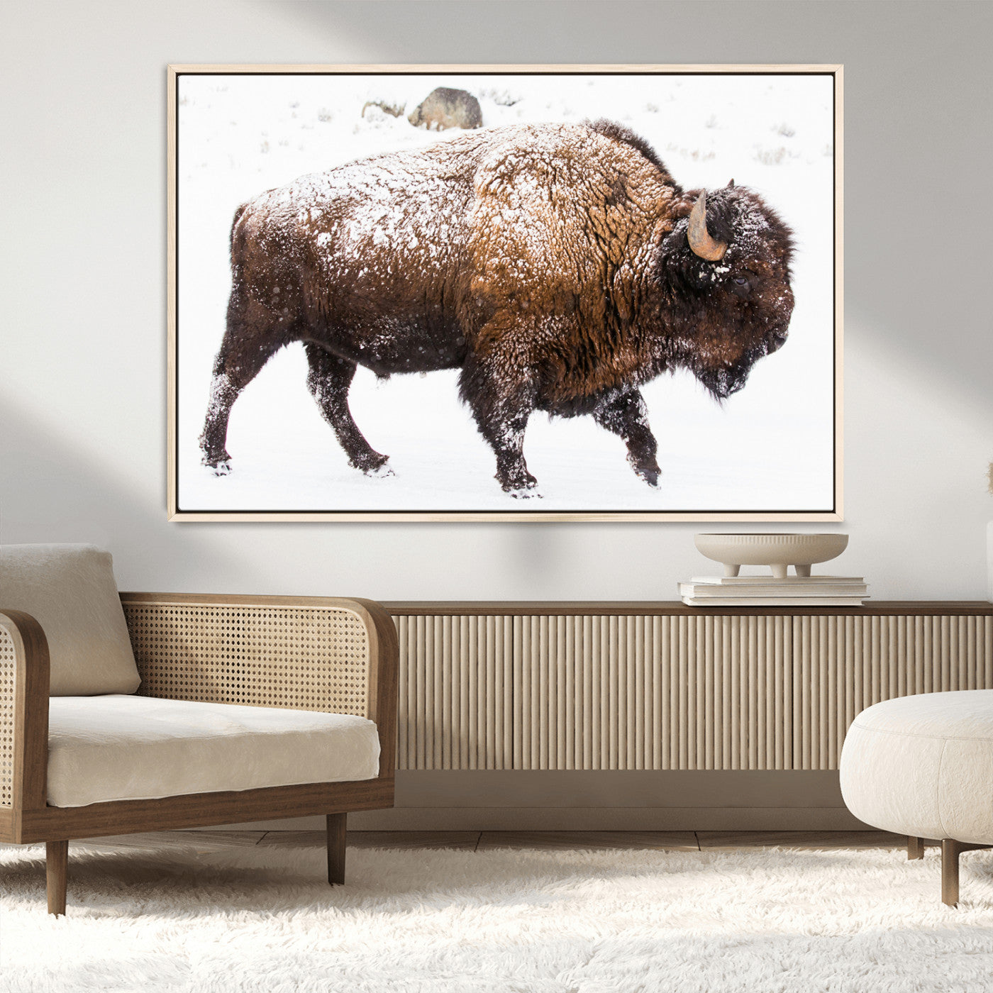 94261165-MGV-CV-36X24-Snowy Buffalo Wall Art Canvas Print, Framed Wildlife Photography Art Picture Print, Brown Tones Perfect Rustic Lodge Decor Decor