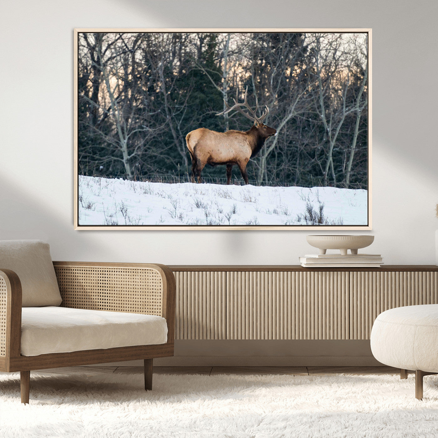 36533178-MGV-CV-36X24-Wild Elk Photography Wall Art Canvas Print, Framed Winter Wildlife Art Picture Print, Snowy Forest Perfect Rustic Lodge Decor