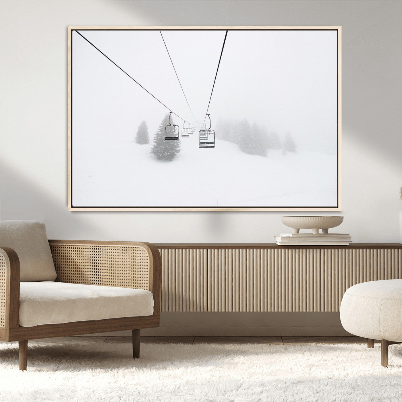 20216390-MGV-FC-36X24_Natural-Ski Lift Wall Art Canvas Print, Framed Snowy Landscape Art Picture Print, Alpine Adventure Perfect Nordic Minimalist Decor Artwork