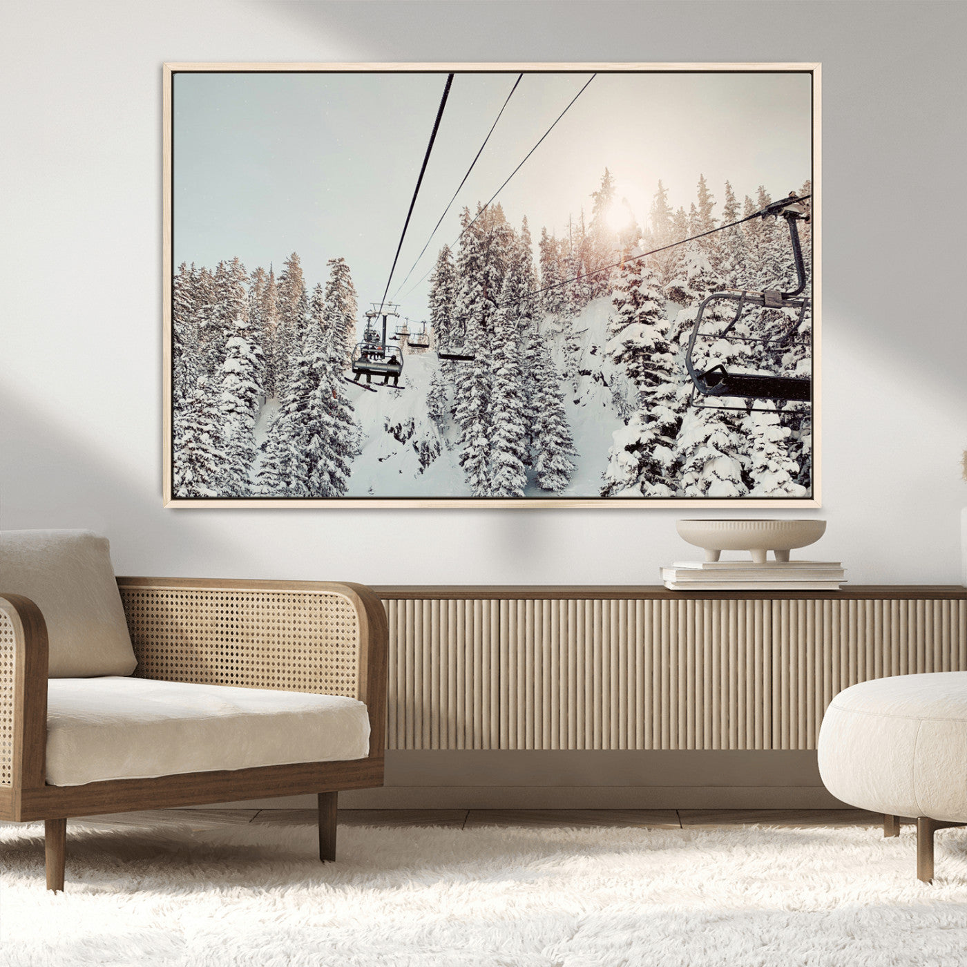 91534512-MGV-FC-36X24_Natural-Frosty Pines Wall Art Canvas Print, Framed Cozy Cabin View Art Picture Print, Ski Lift Ride Perfect Rustic Lodge Decor Artwork