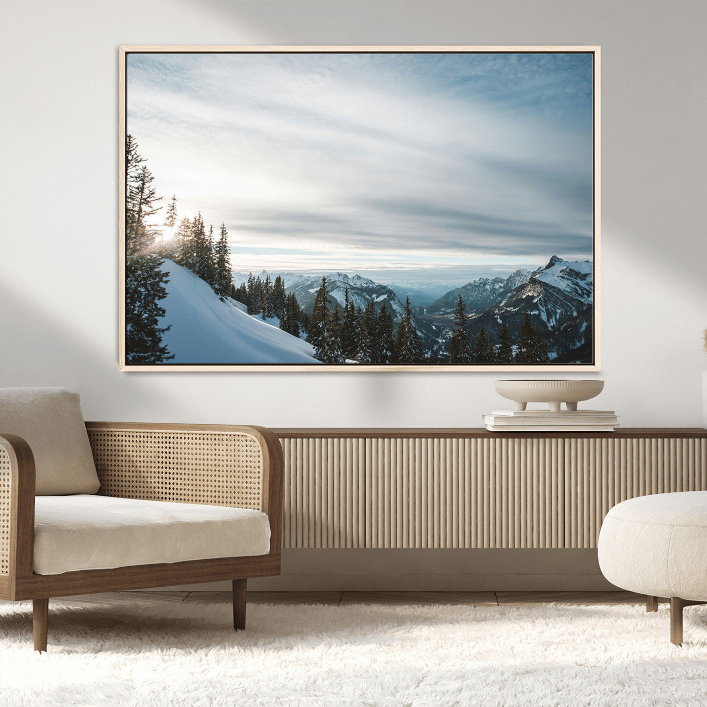 55564749-MGV-FC-36X24_Natural-Snowy Mountains Wall Art Canvas Print, Framed Alpine Landscape Art Picture Print, Frosty Peaks Perfect Nordic Minimalist Decor