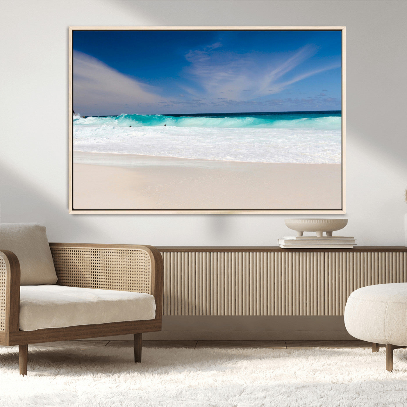 55017356-MGV-CV-36X24-Ocean Beach Wall Art – Turquoise Wave and White Sand Shoreline Canvas Print, Coastal Seascape Photography Decor for Living Room,