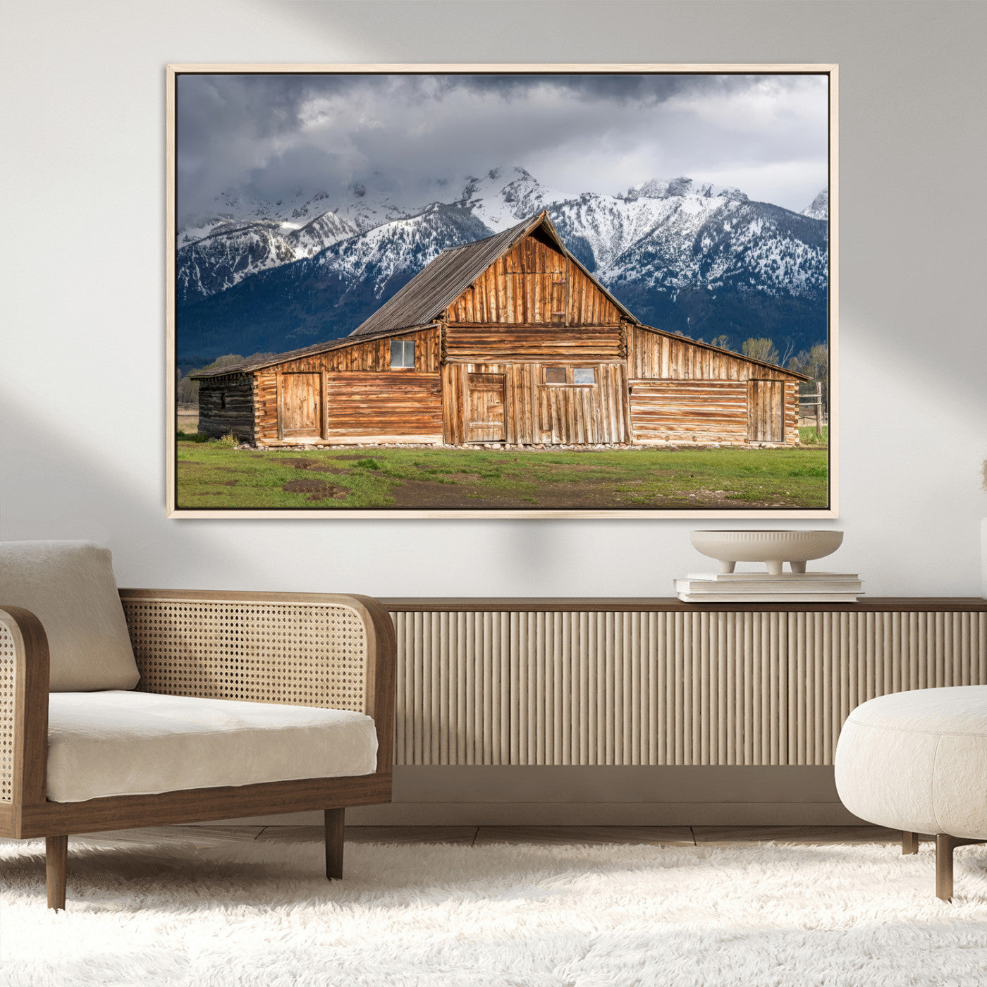 15173627-MGV-CV-36X24-Barn Wall Art – Rustic Wooden Cabin Canvas Print with Snowy Mountain Landscape, Western Farmhouse Country Decor for Living Room,