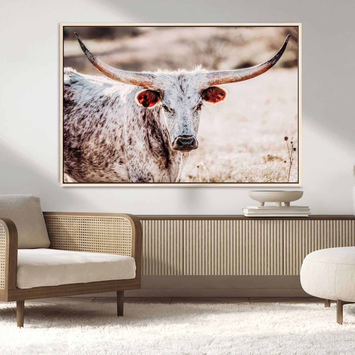 72388892-MGV-CV-36X24-Texas Longhorn Wall Art – Rustic Western Canvas Print, Cowboy Style Farmhouse Bull Artwork for Living Room, Ranch, Office or Man