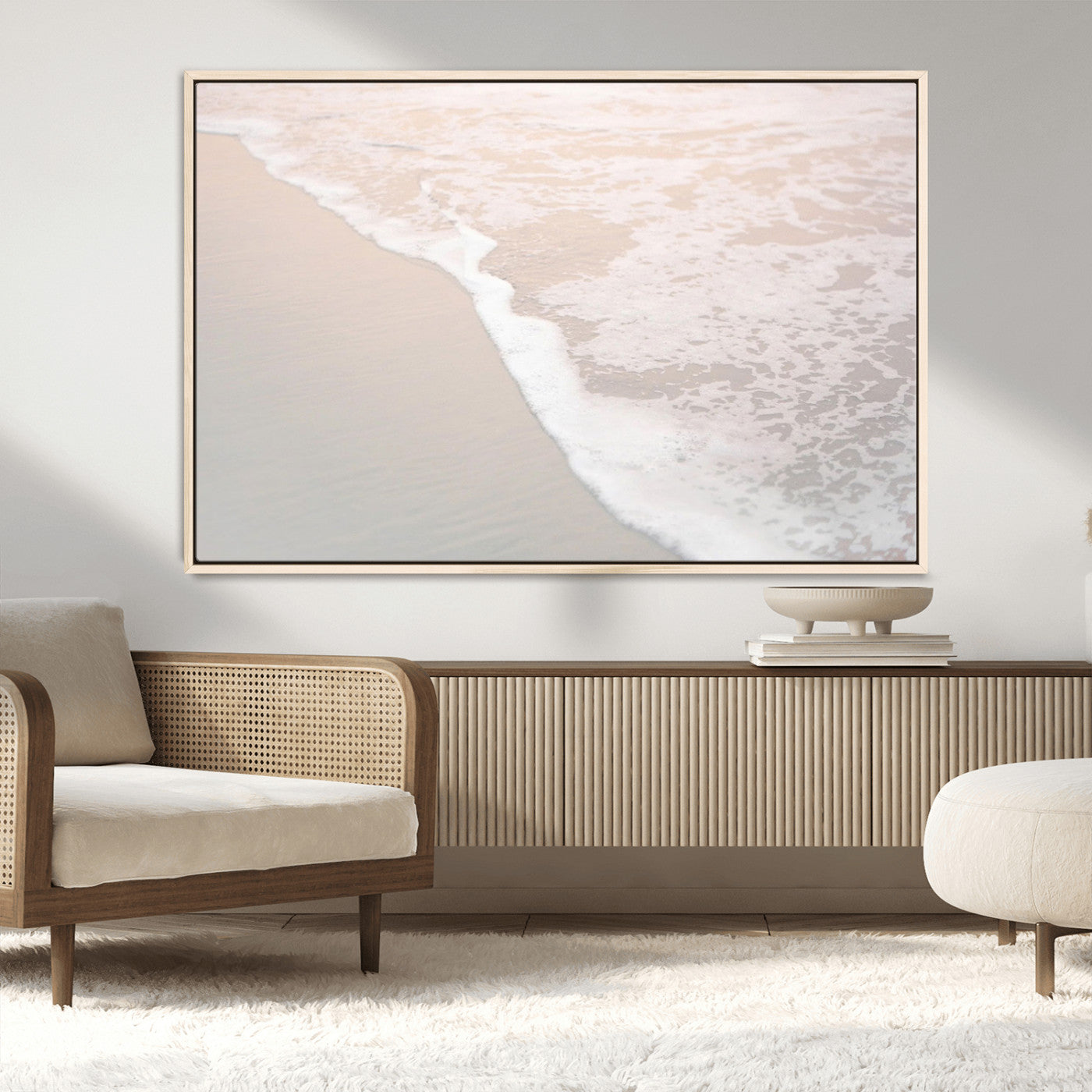 28414510-MGV-CV-36X24-Ocean Shoreline Wall Art – Minimal Coastal Beach Canvas Print, Soft Sea Foam and Sand Photography Artwork, Relaxing Nautical Decor