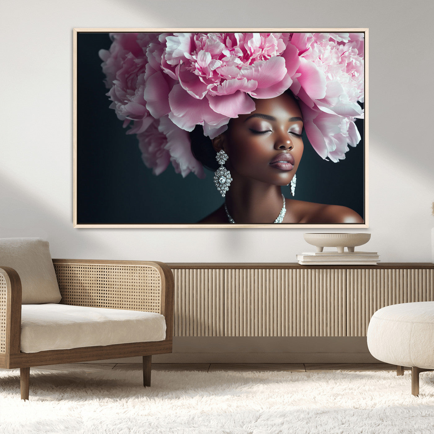 35482880-MGV-CV-36X24-Floral Portrait Wall Art – Elegant Woman with Pink Peony Headpiece Canvas Print, Luxury Fashion Inspired Artwork, Modern Glam
