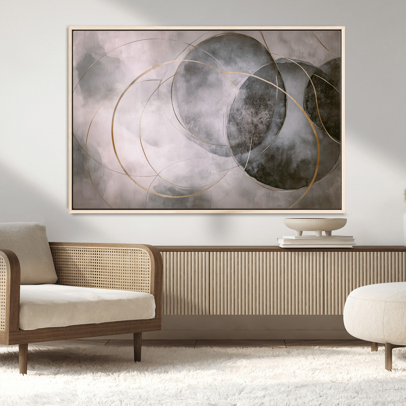 20066876-MGV-CV-36X24-Neutral Abstract Circle Wall Art – Modern Gray Beige Gold Canvas Print, Minimalist Geometric Painting for Bedroom, Living Room,
