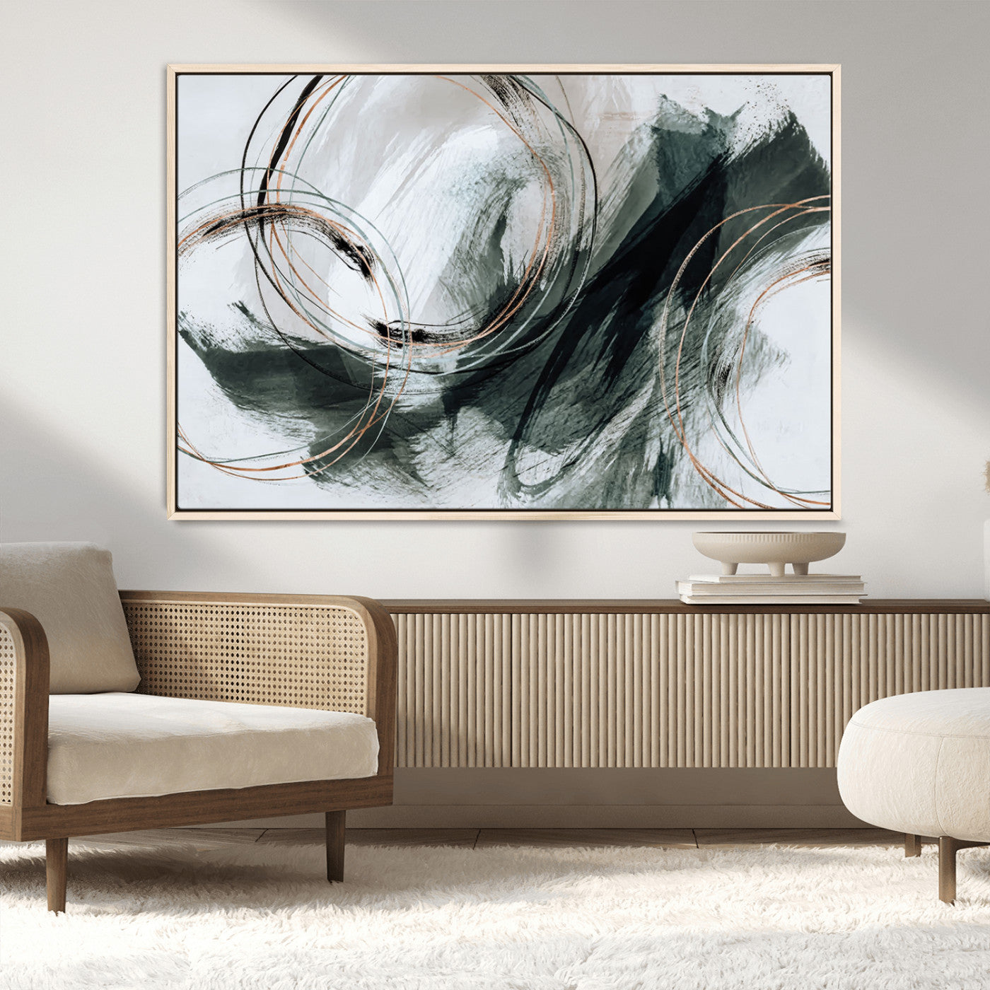 86583265-SEG-FC-90X60_Oversize_Oversize-Black and Gray Abstract Wall Art – Modern Copper Circle Canvas Print, Contemporary Minimalist Painting for Living Room, Bedroom,
