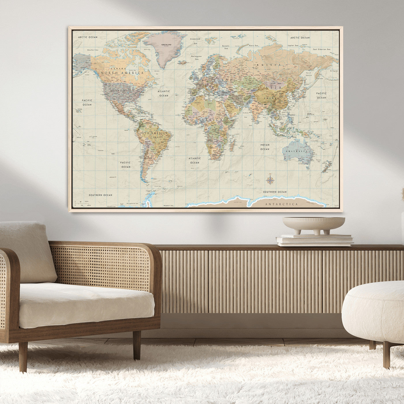41929777-MGV-CV-36X24-World Map Wall Art – Large Detailed Political Atlas Style Map Print with Countries, Cities, and Oceans, Warm Earth Tone