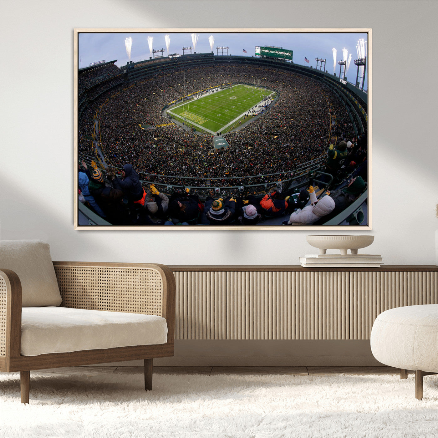 14387817-MGV-CV-36X24-Lambeau Field Stadium Wall Art – Green Bay Packers Game Day Canvas Print with Fireworks and Crowd – NFL Football Fan Man Cave
