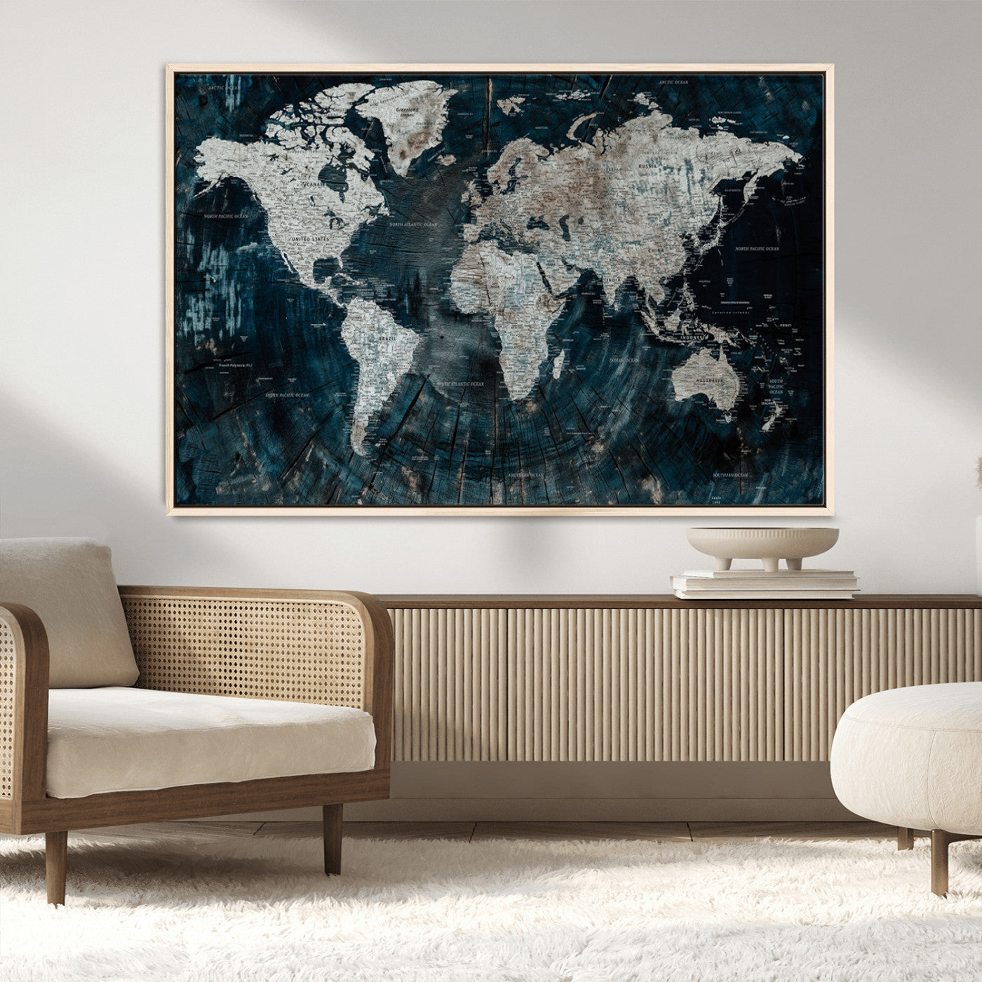 34425609-MGV-CV-36X24-World Map Wall Art – Rustic Navy and Grey Atlas Canvas Print, Distressed Explorer Map Artwork, Industrial Style Decor for Office,