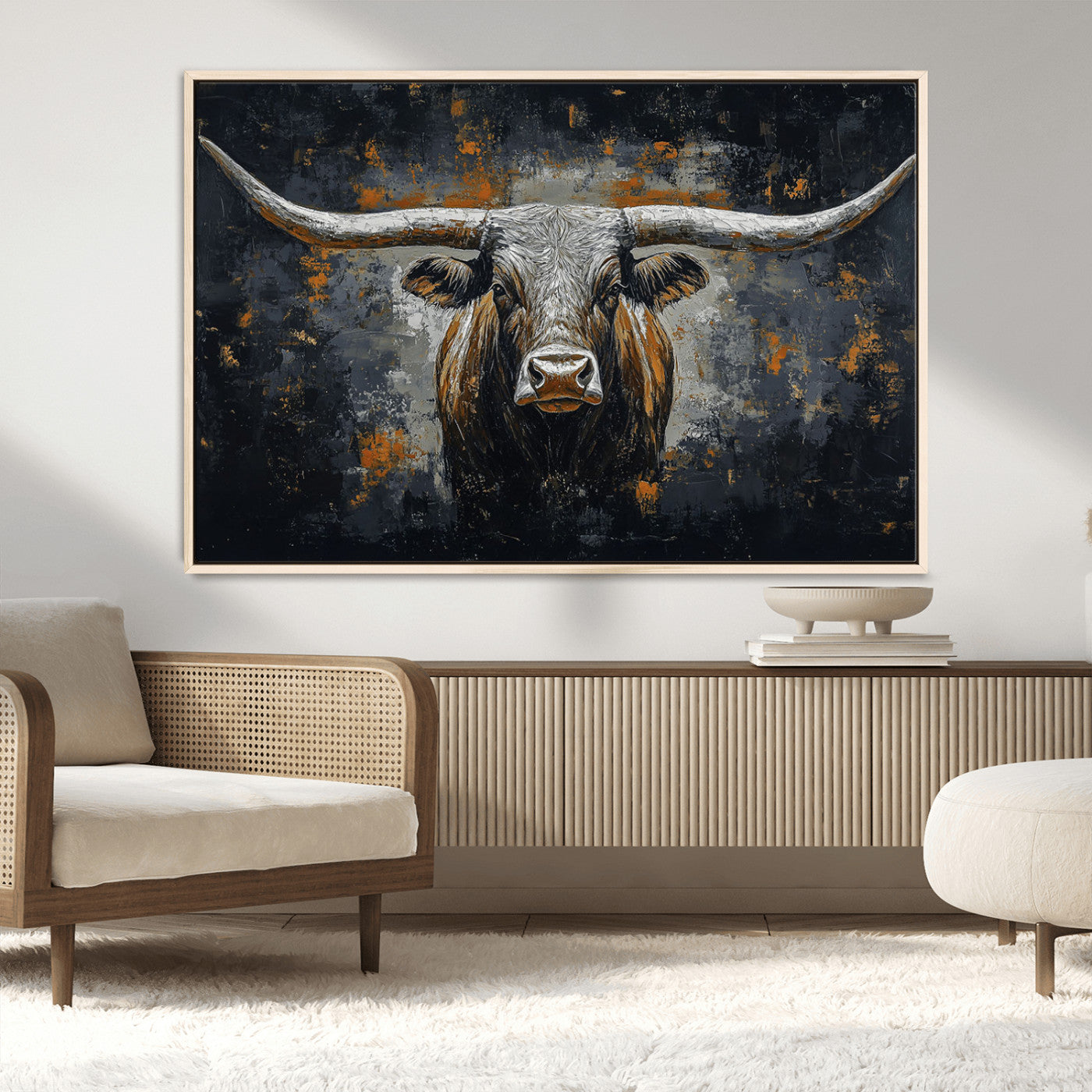 93195031-MGV-CV-36X24-Dark Longhorn Bull Wall Art – Western Steer Canvas Print, Moody Rustic Animal Painting for Man Cave, Ranch House, Office or Modern