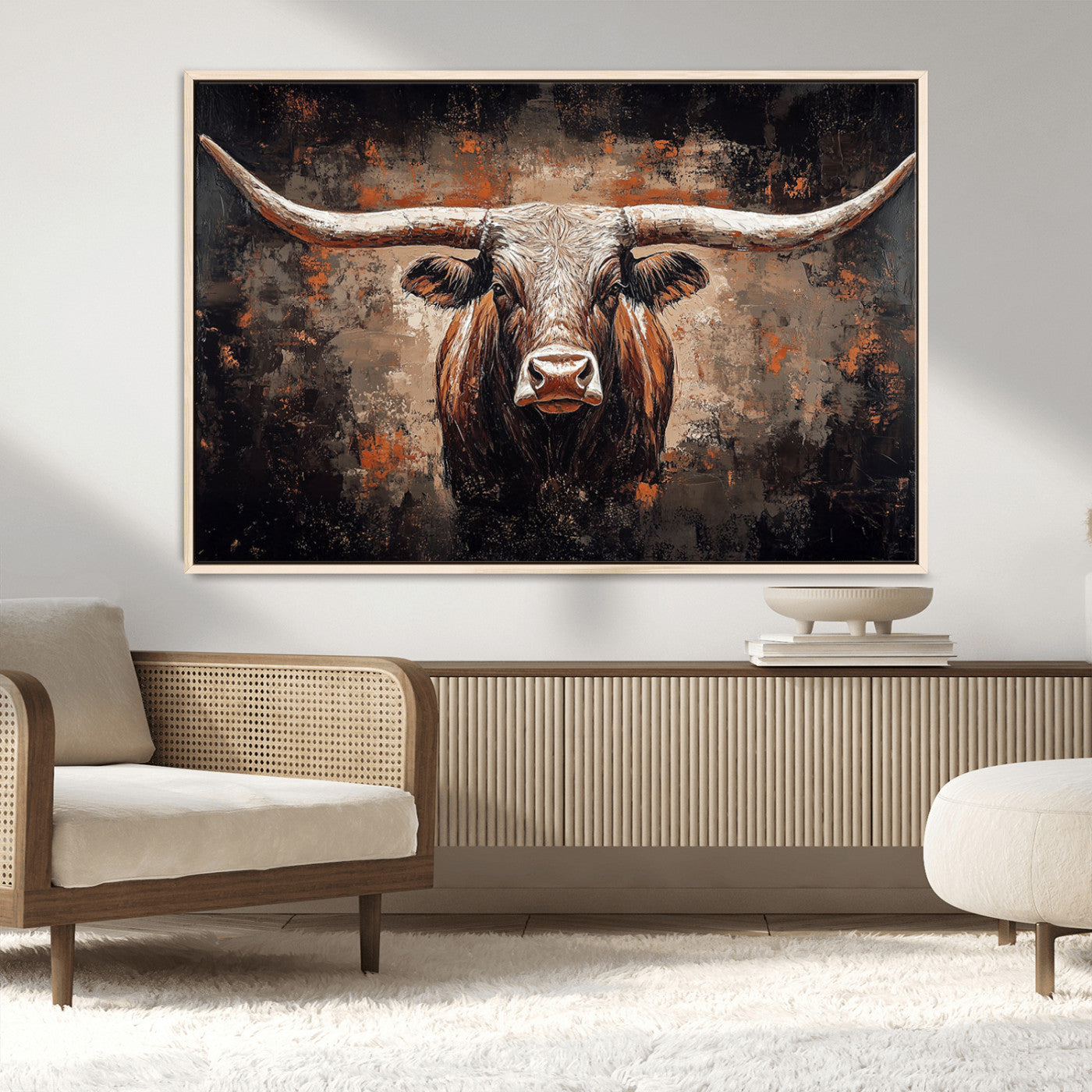 24779067-MGV-CV-36X24-Longhorn Bull Wall Art – Western Rustic Canvas Print, Bold Cowboy Cattle Painting for Ranch House, Farmhouse, Office, or Living