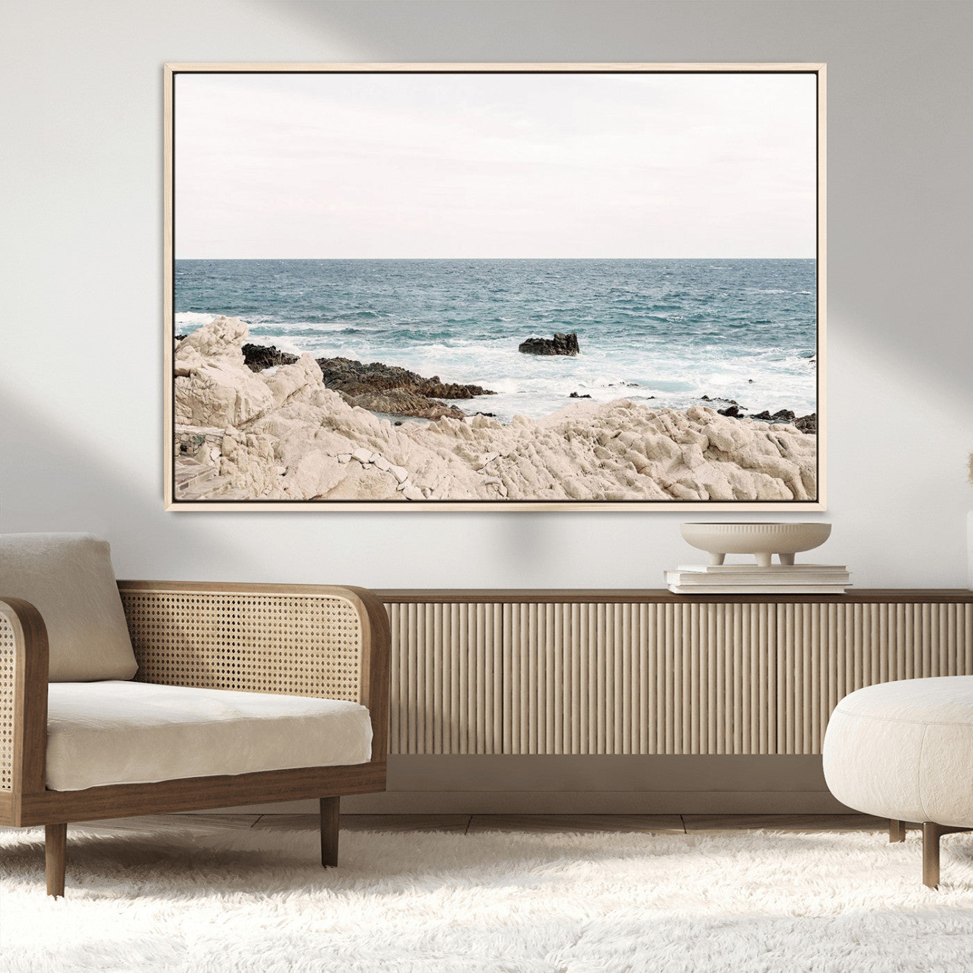 25481980-MGV-CV-36X24-Ocean Coastal Wall Art – Rocky Shoreline and Waves Canvas Print, Serene Beach Landscape Decor for Living Room, Bedroom, or Office