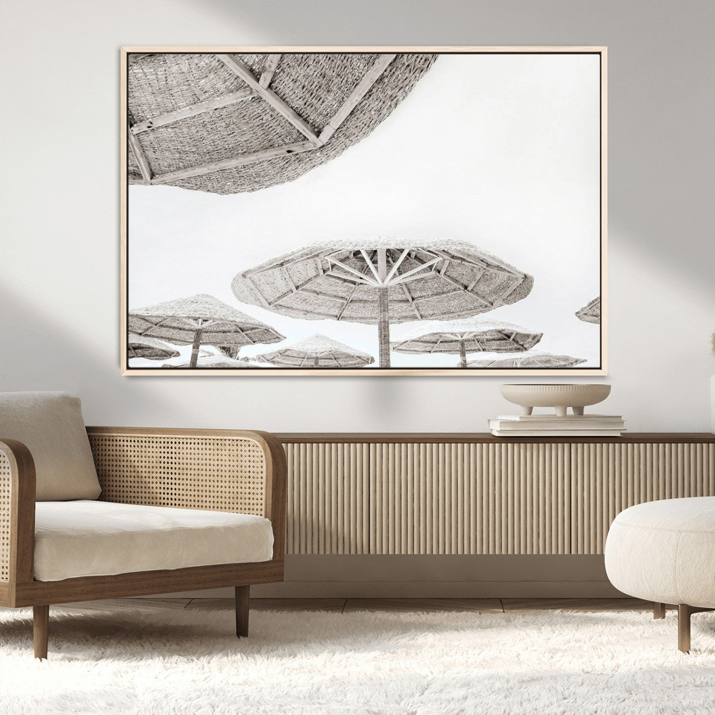 97043123-MGV-CV-36X24-Beach Umbrella Wall Art – Minimalist Coastal Canvas Print, Woven Parasol Summer Decor for Bedroom, Living Room, or Modern Beach