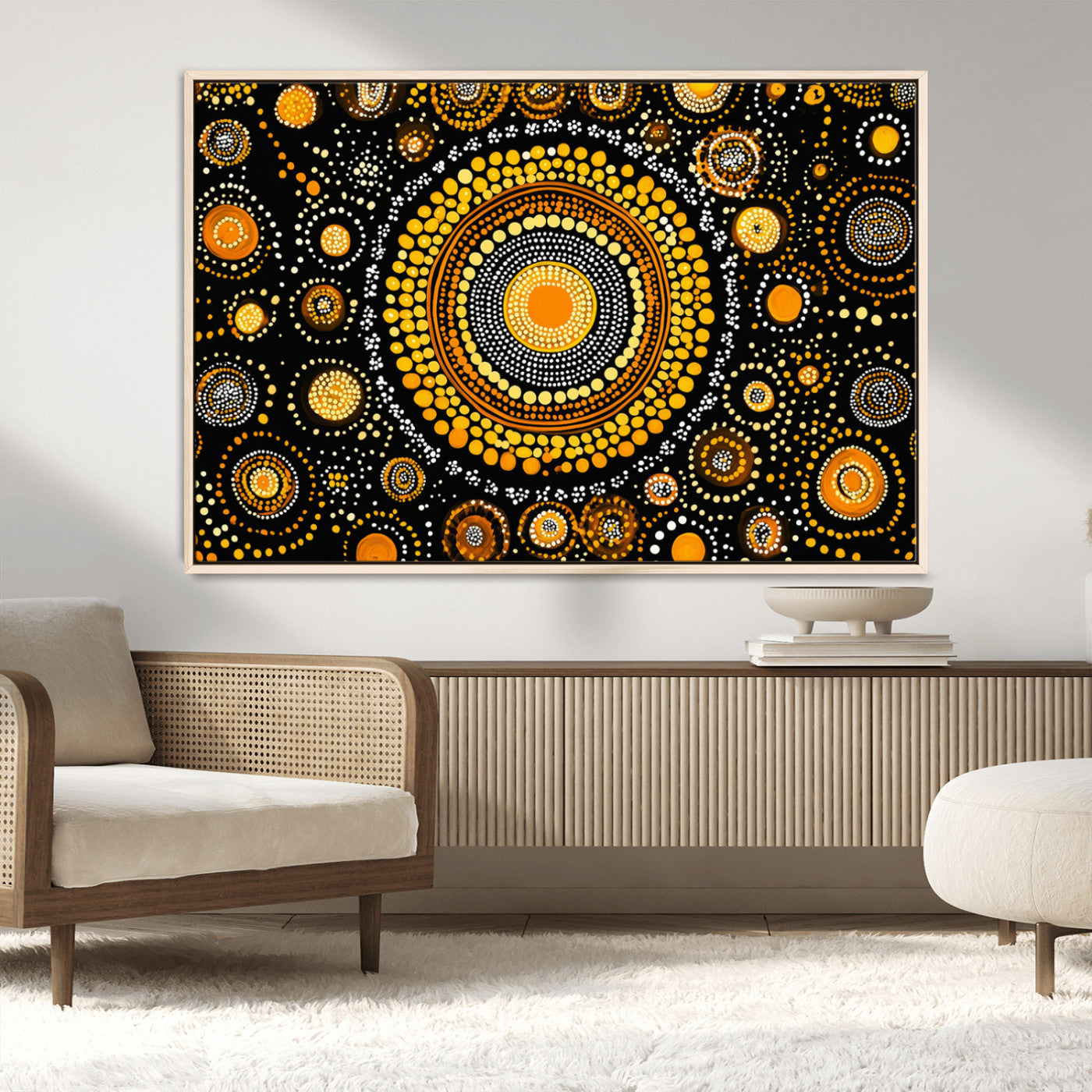 45478523-MGV-CV-36X24-Abstract Circle Wall Art – Bold Black and Gold Dot Painting Canvas Print, Modern Geometric Mandala Style Decor for Living Room or
