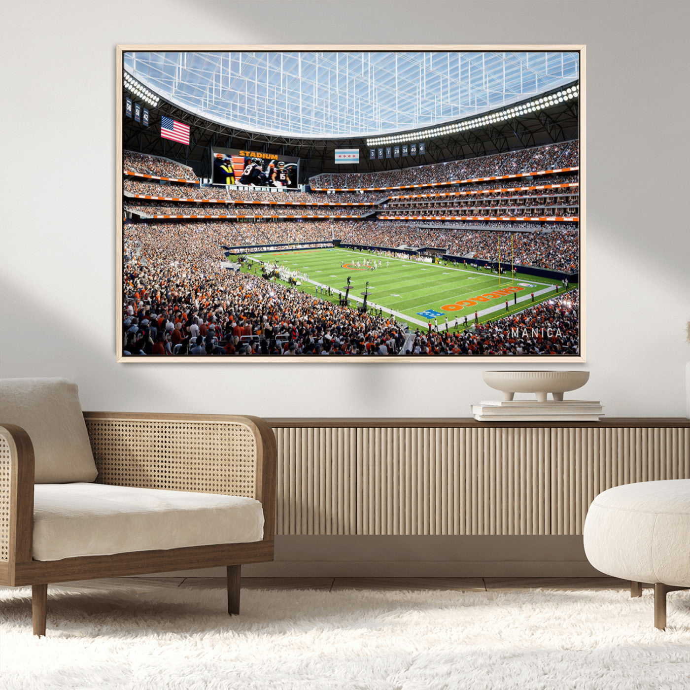 32530647-MGV-CV-36X24-Chicago Bears Stadium Wall Art – Futuristic Dome Arena Canvas Print, Modern Football Concept Design Decor for Man Cave, Bar, or
