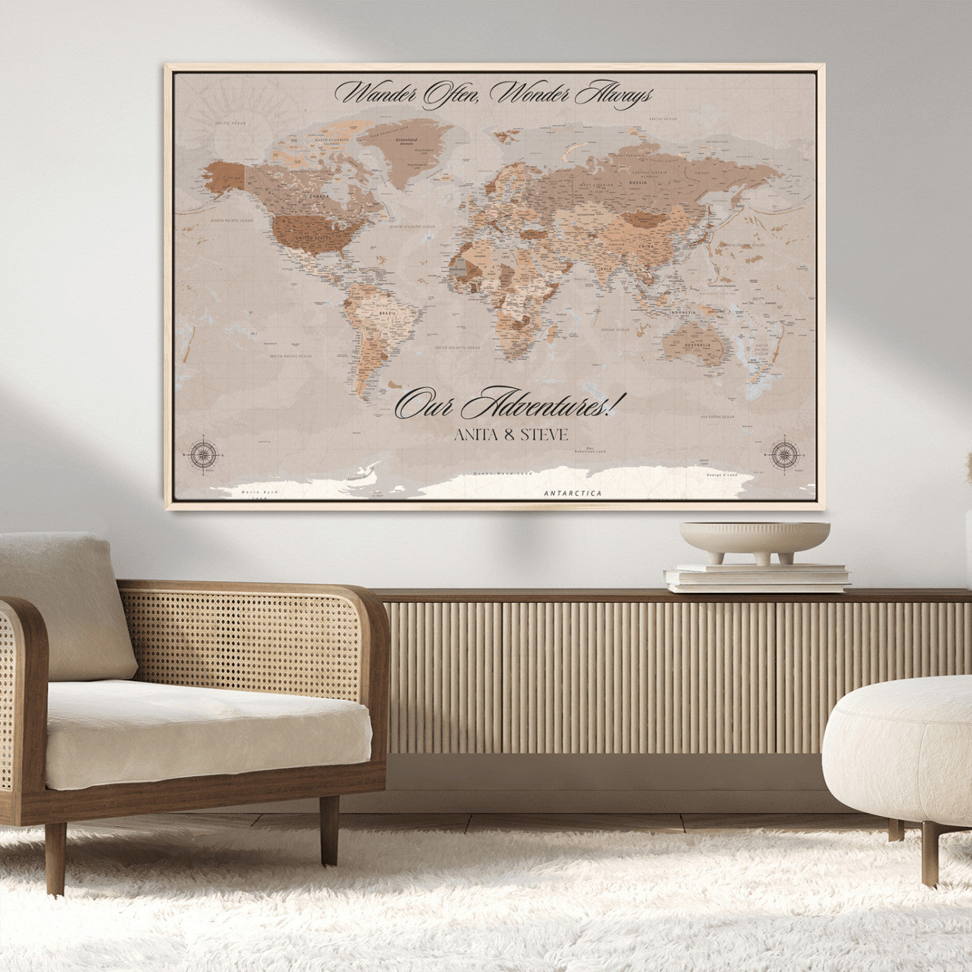 95243244-MGV-CV-36X24-Wander Often Wonder Always World Map Wall Art – Neutral Beige Adventure Canvas Print, Rustic Boho Travel Decor for Bedroom, Living