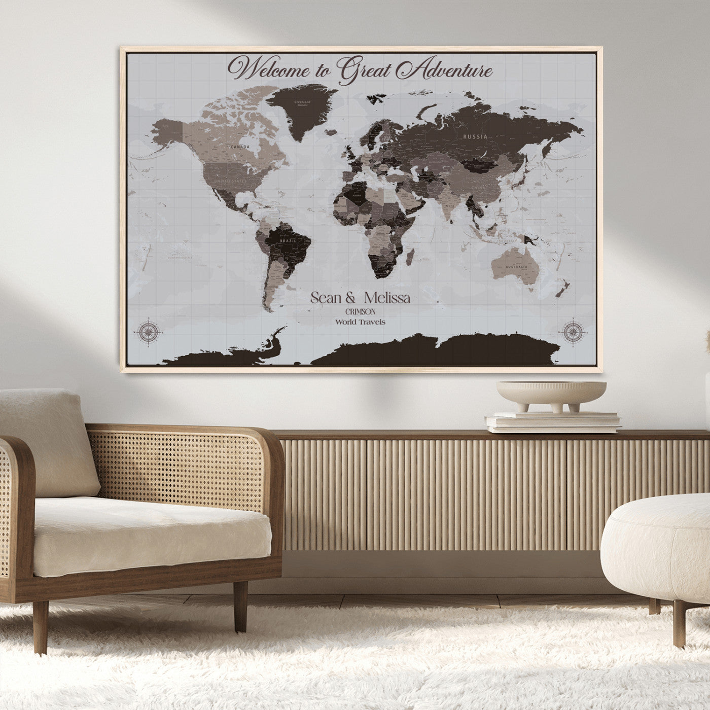 43749658-MGV-CV-36X24-Welcome to Great Adventure World Map Wall Art – Charcoal Gray Canvas Print, Rustic Travel Decor for Living Room, Study, Office or