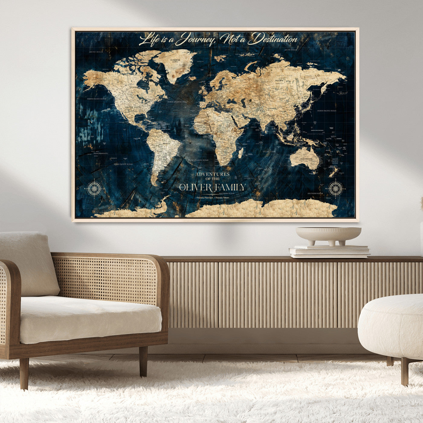 36970886-MGV-CV-36X24-Life is a Journey Not a Destination World Map Rustic Navy Beige Vintage Travel Wall Art Adventure Quote Canvas Print for Home