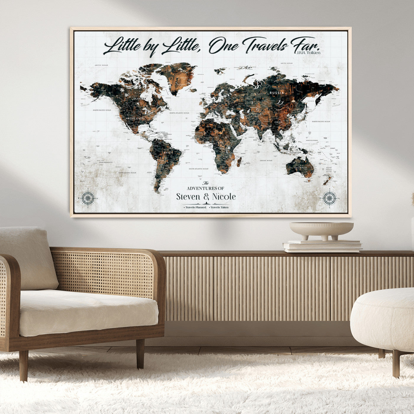 88337180-MGV-CV-36X24-Little by Little One Travels Far Tolkien Quote World Map Rustic Black Brown Adventure Wall Art Canvas Print for Home Office Living