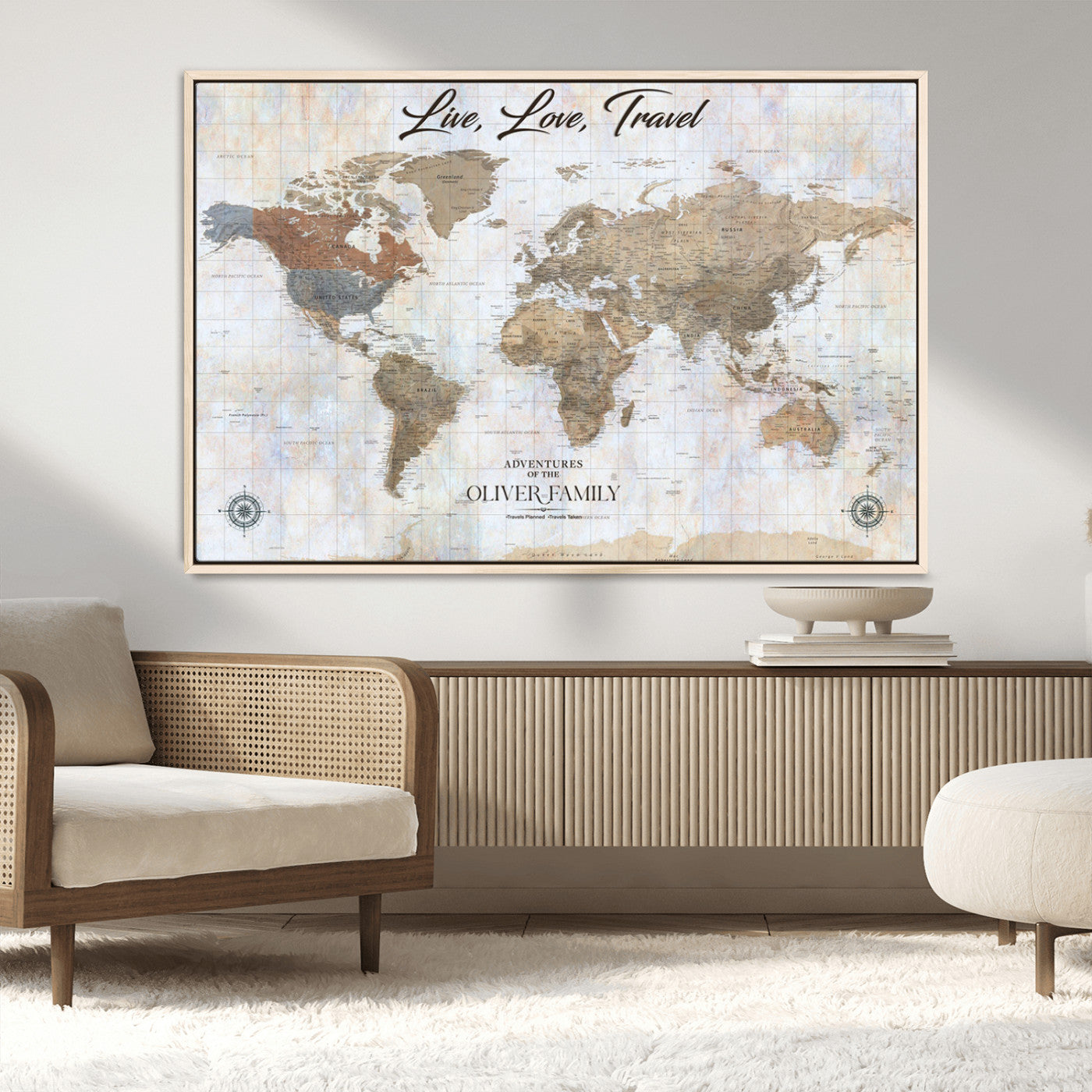 43924907-MGV-CV-36X24-Live Love Travel Wall Art – Neutral World Map Canvas Print, Rustic Adventure Decor for Home, Office or Living Room, Unique Gift