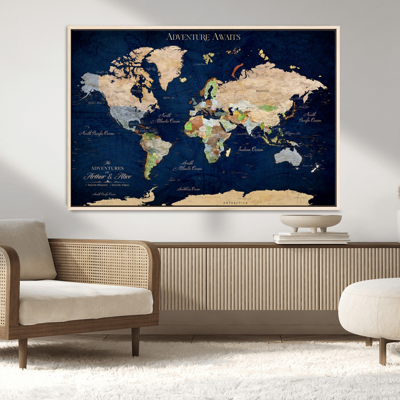 43160428-MGV-CV-36X24-Adventure Awaits Navy Blue World Map – Vibrant Travel Canvas Wall Art, Antique Atlas Print, Wanderlust Decor for Home Office