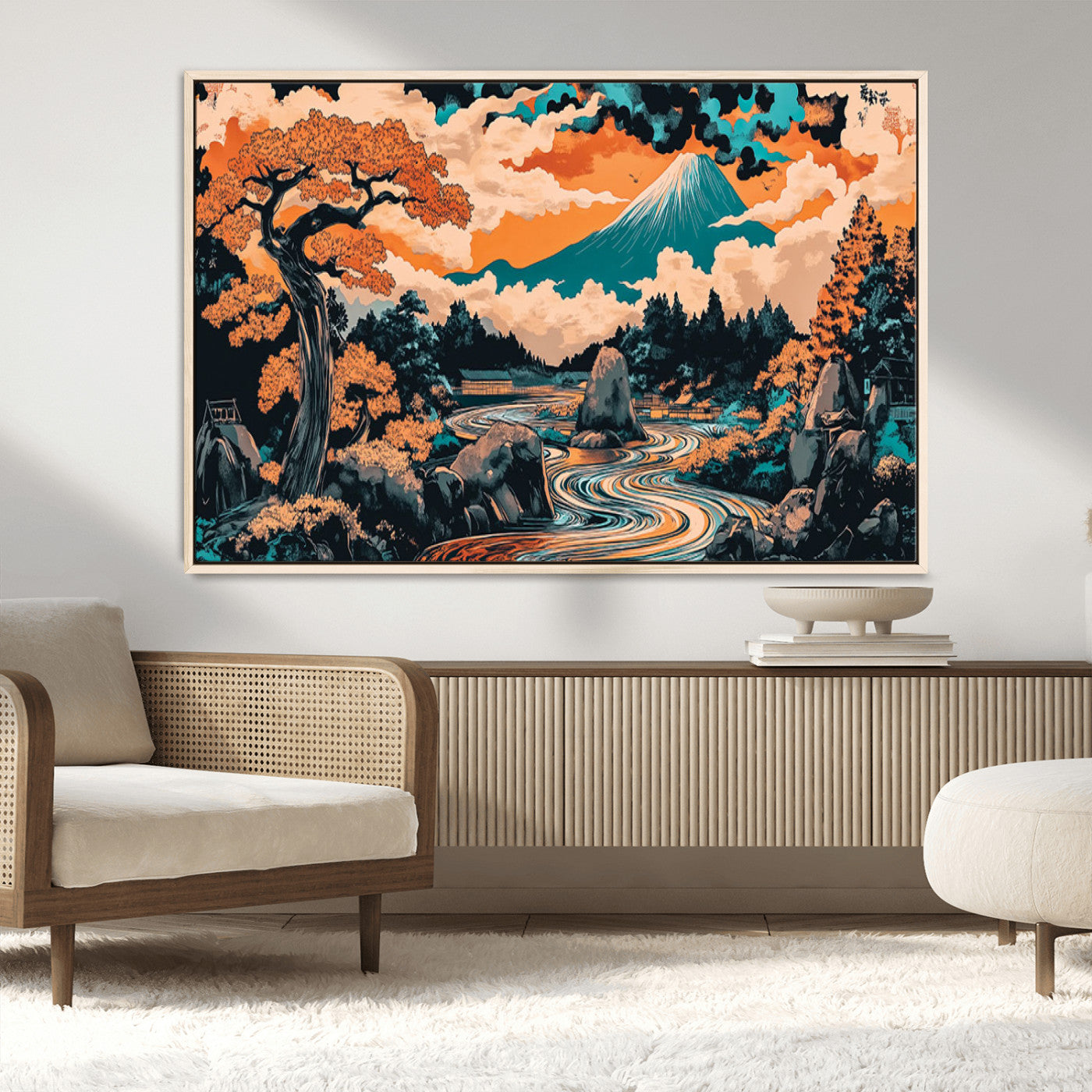 21638941-MGV-CV-36X24-Japanese Landscape Wall Art – Mount Fuji and Flowing River Ukiyo-e Style Canvas Print, Traditional Japan Inspired Artwork for