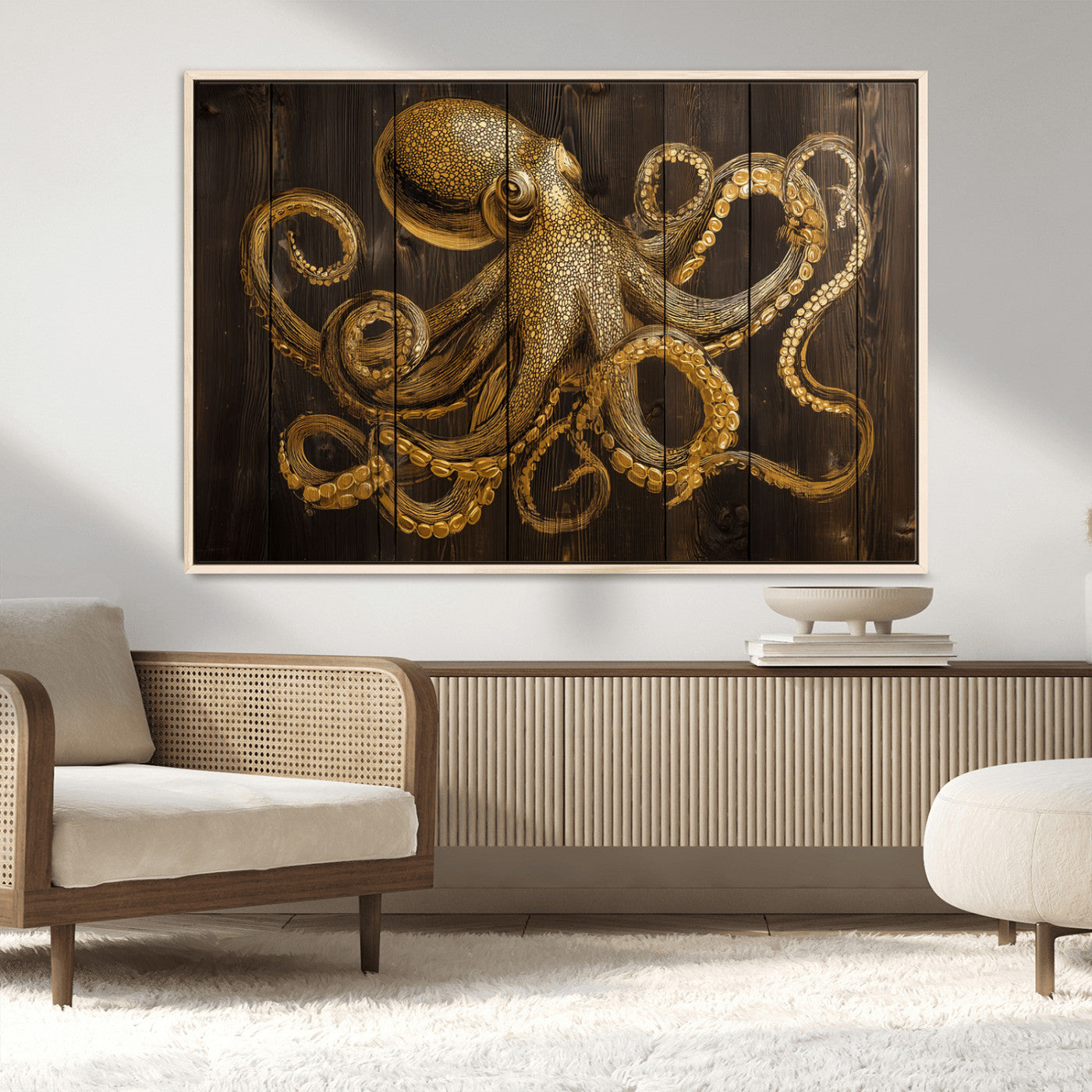 56769669-MGV-CV-36X24-Octopus Wall Art – Gold Nautical Canvas Print with Rustic Wood Panel Design, Detailed Marine Artwork for Coastal Ocean Decoration