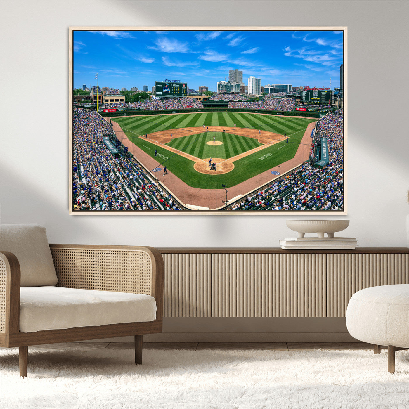 56213978-MGV-CV-36X24-Baseball Stadium Wall Art – Panoramic Ballpark Canvas Print with Fans, Green Field and City Skyline, Classic Sports Photography