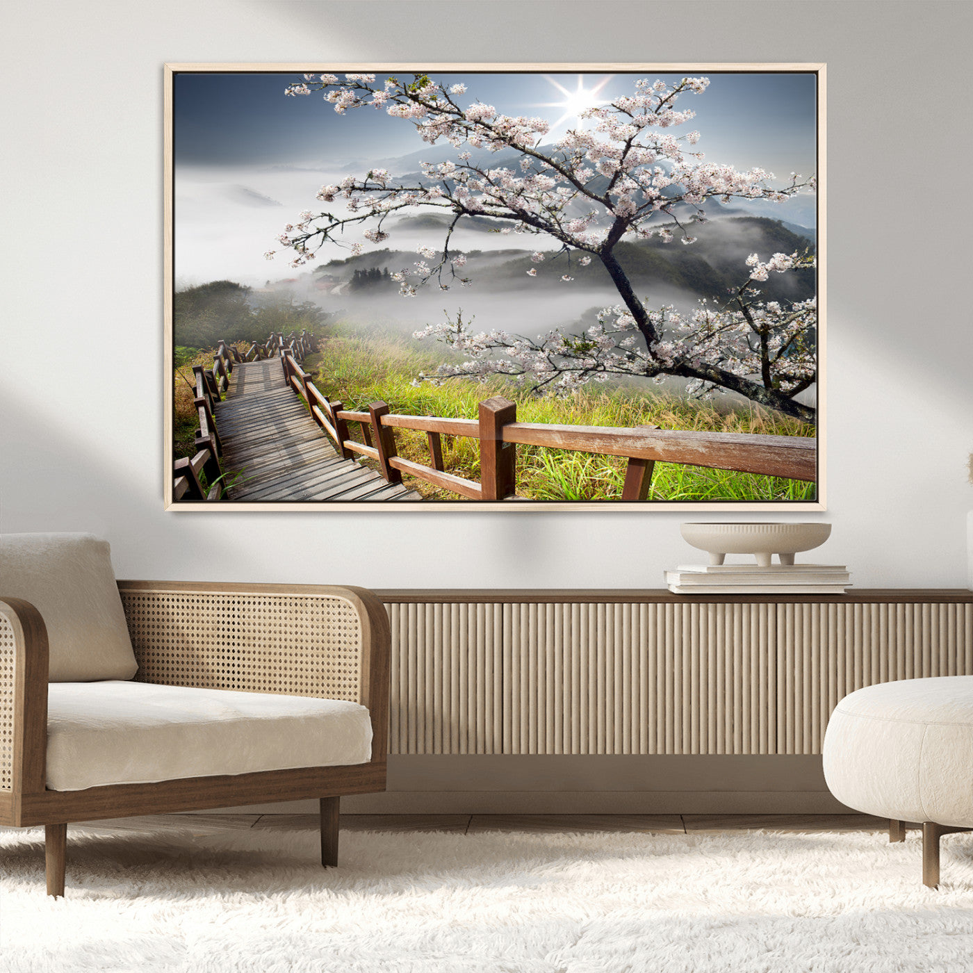 34632598CRY-MGV-FC-36X24_Natural-Cherry Blossom Wall Art – Scenic Asian Landscape Canvas Print with Wooden Walkway, Misty Mountains and Sunrise, Serene Nature