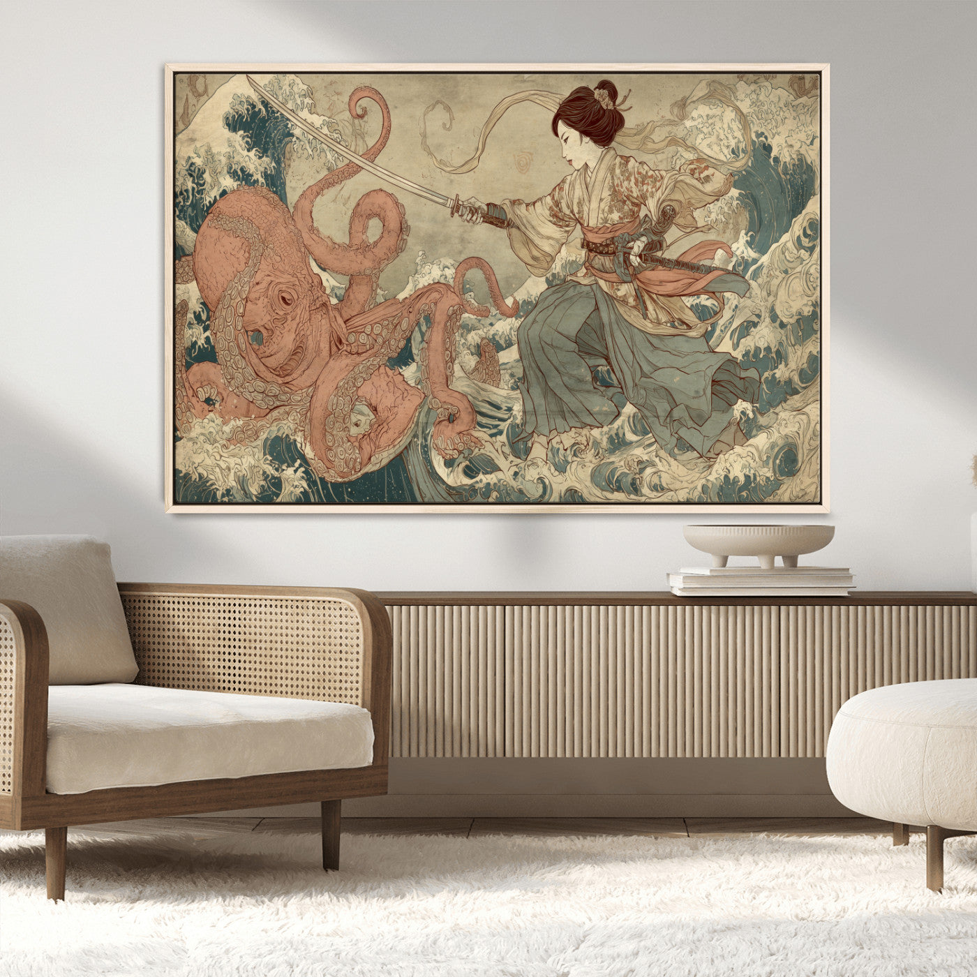 54879547-MGV-CV-36X24-Samurai Woman Wall Art – Japanese Ukiyo-e Style Canvas Print with Katana and Octopus, Traditional Asian Inspired Battle Artwork