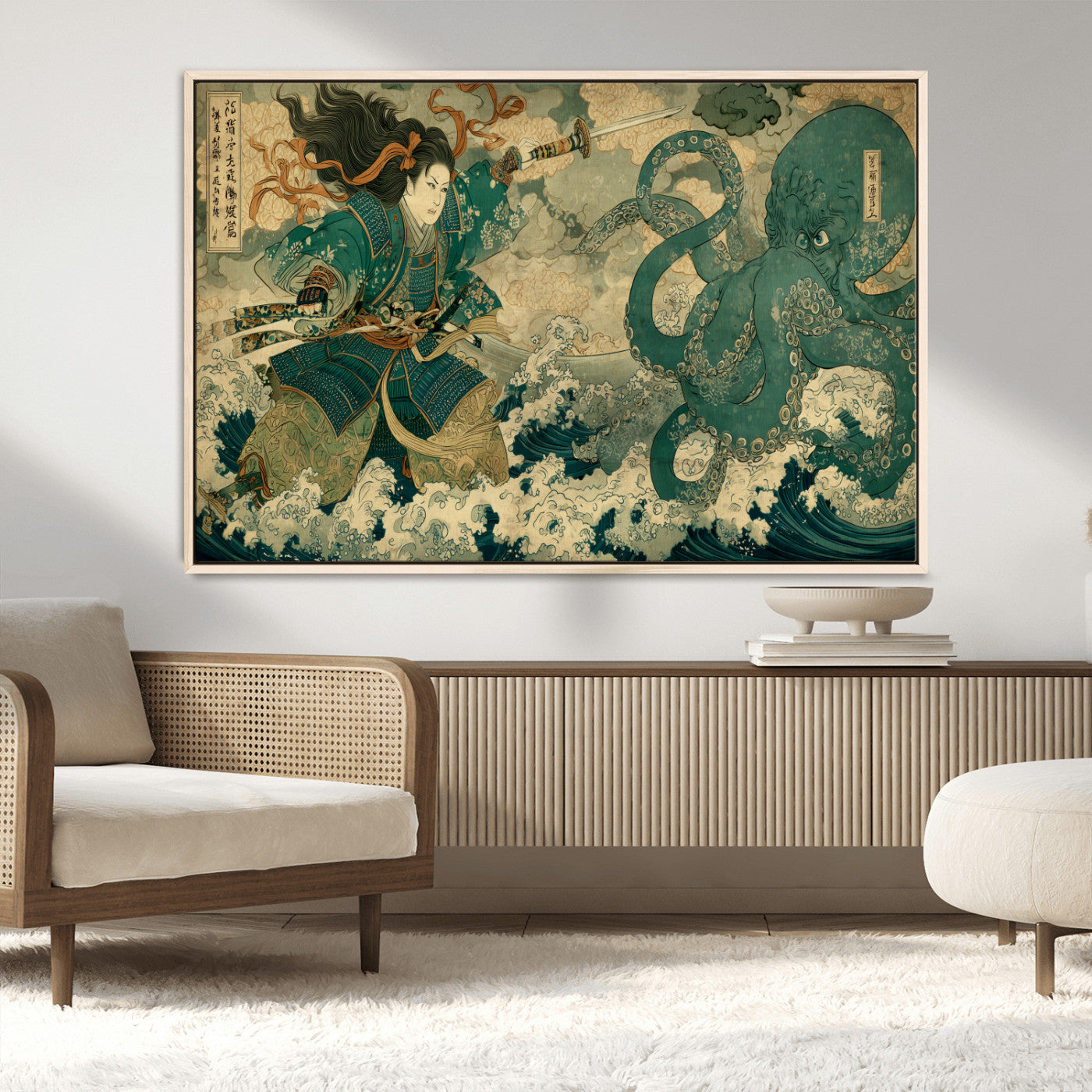 24416422-MGV-CV-36X24-Samurai vs Octopus Wall Art – Japanese Warrior Ocean Battle Canvas Print, Ukiyo e Inspired Decor for Home, Office, or Man Cave