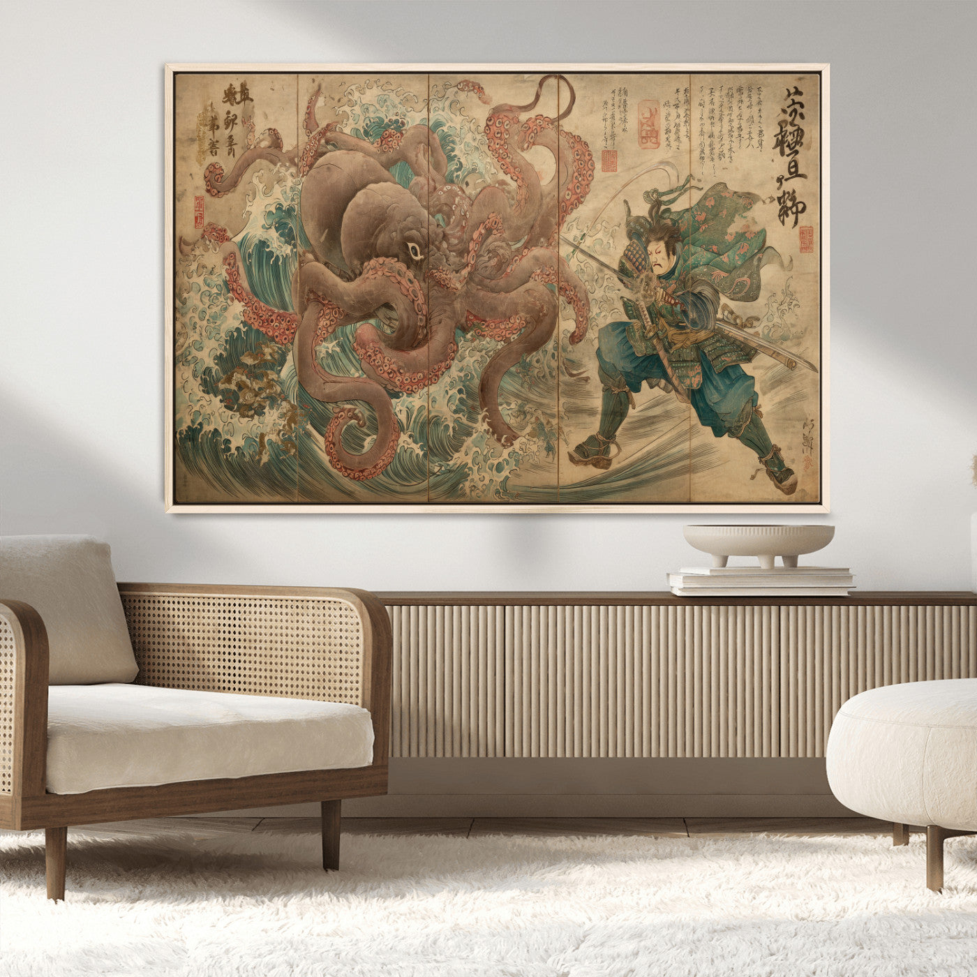 63782167-MGV-CV-36X24-Tsukioka Yoshitoshi Samurai Wall Art Print, Japanese Katana Warrior Canvas Wall Art, Octopus Sea Monster Canvas Print,