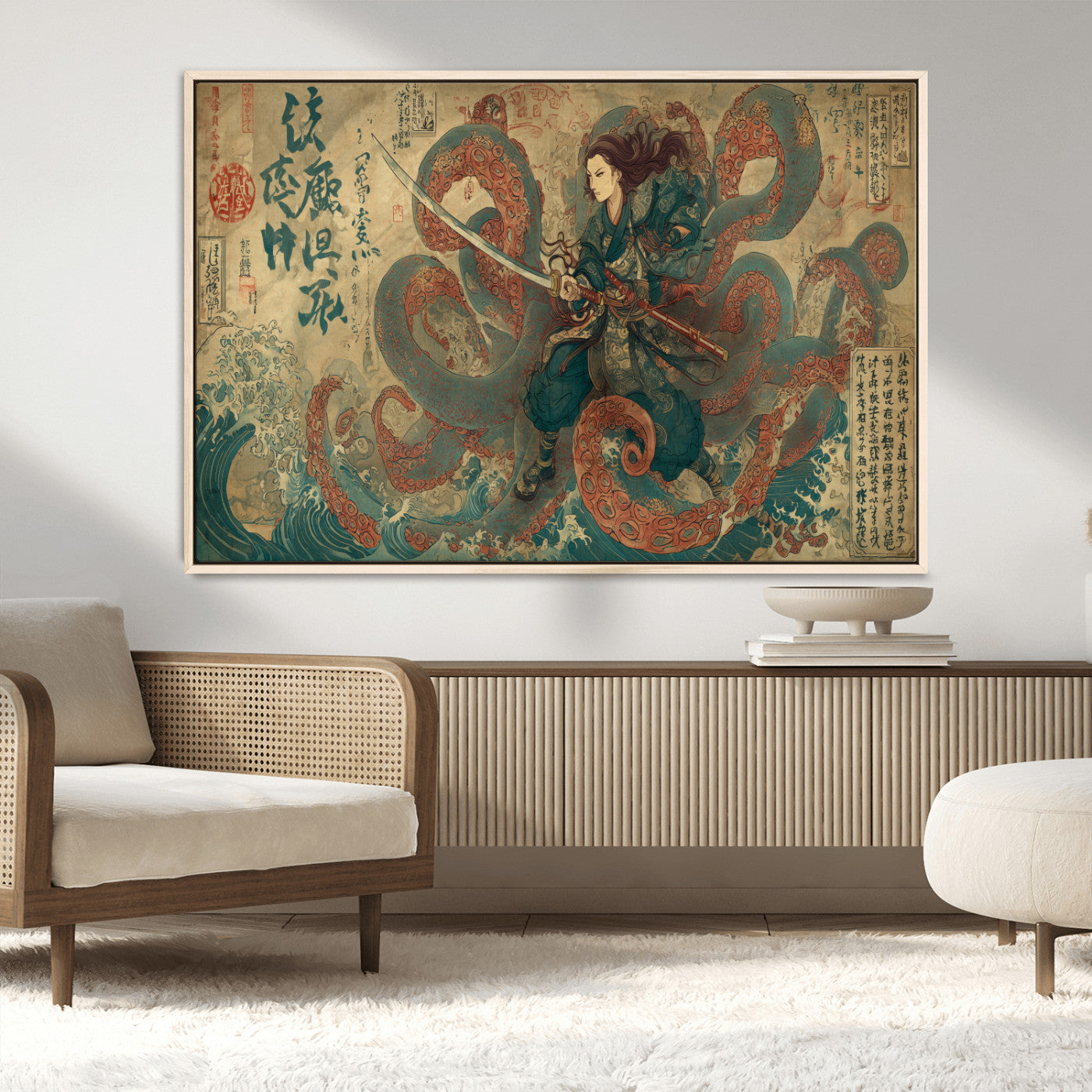 98593115-MGV-CV-36X24-Tsukioka Yoshitoshi Samurai Wall Art Print, Japanese Katana Warrior Canvas Wall Art, Octopus Sea Monster Canvas Print,