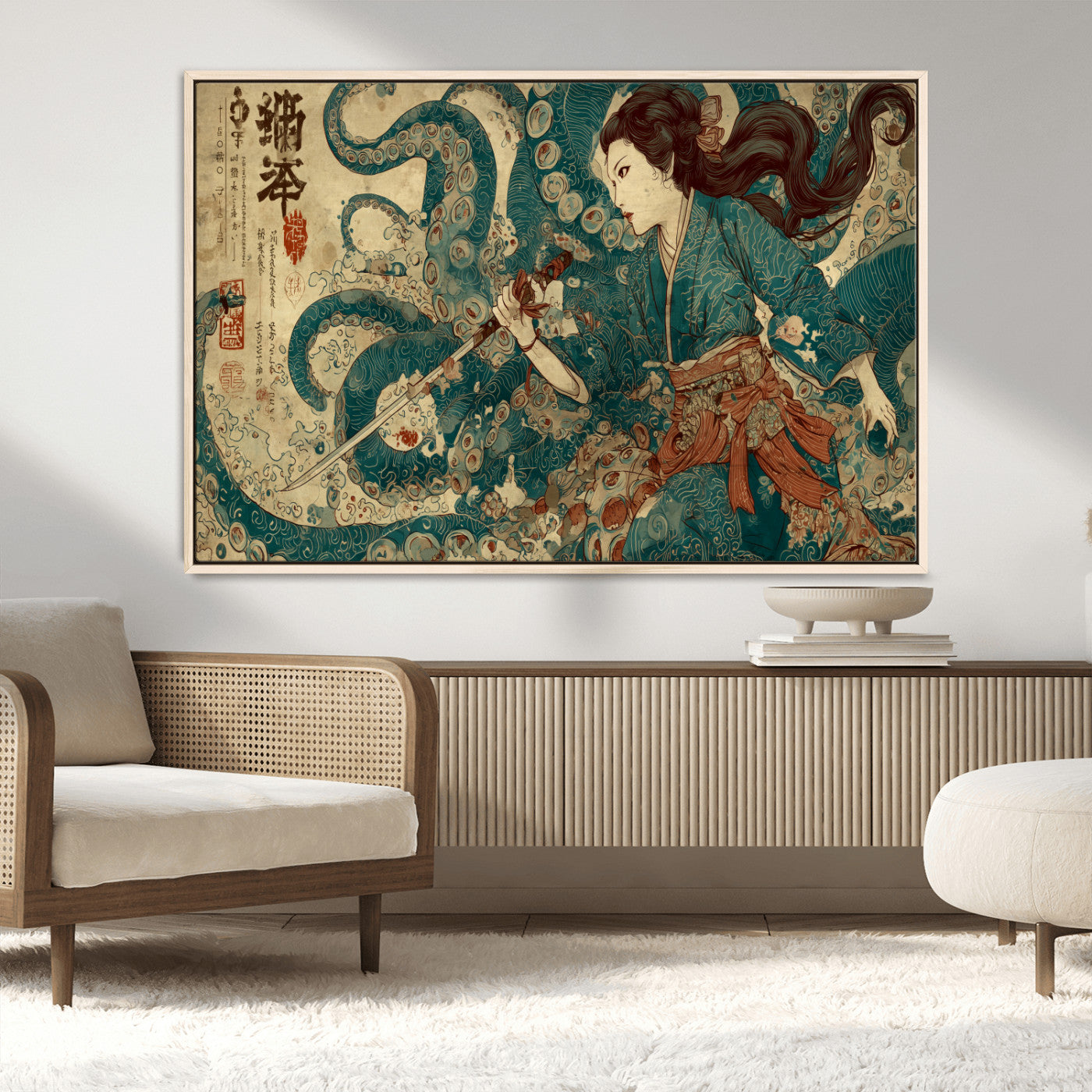 18575670-MGV-FC-36X24_Natural-Samurai Woman vs Octopus Wall Art – Japanese Ukiyo-e Ocean Battle Canvas Print, Traditional Warrior Artwork for Living Room,