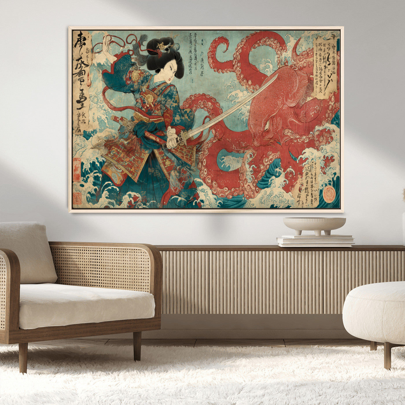 68844327-MGV-CV-36X24-Tsukioka Yoshitoshi Samurai Wall Art Print, Japanese Katana Warrior Canvas Wall Art, Octopus Sea Monster Canvas Print,