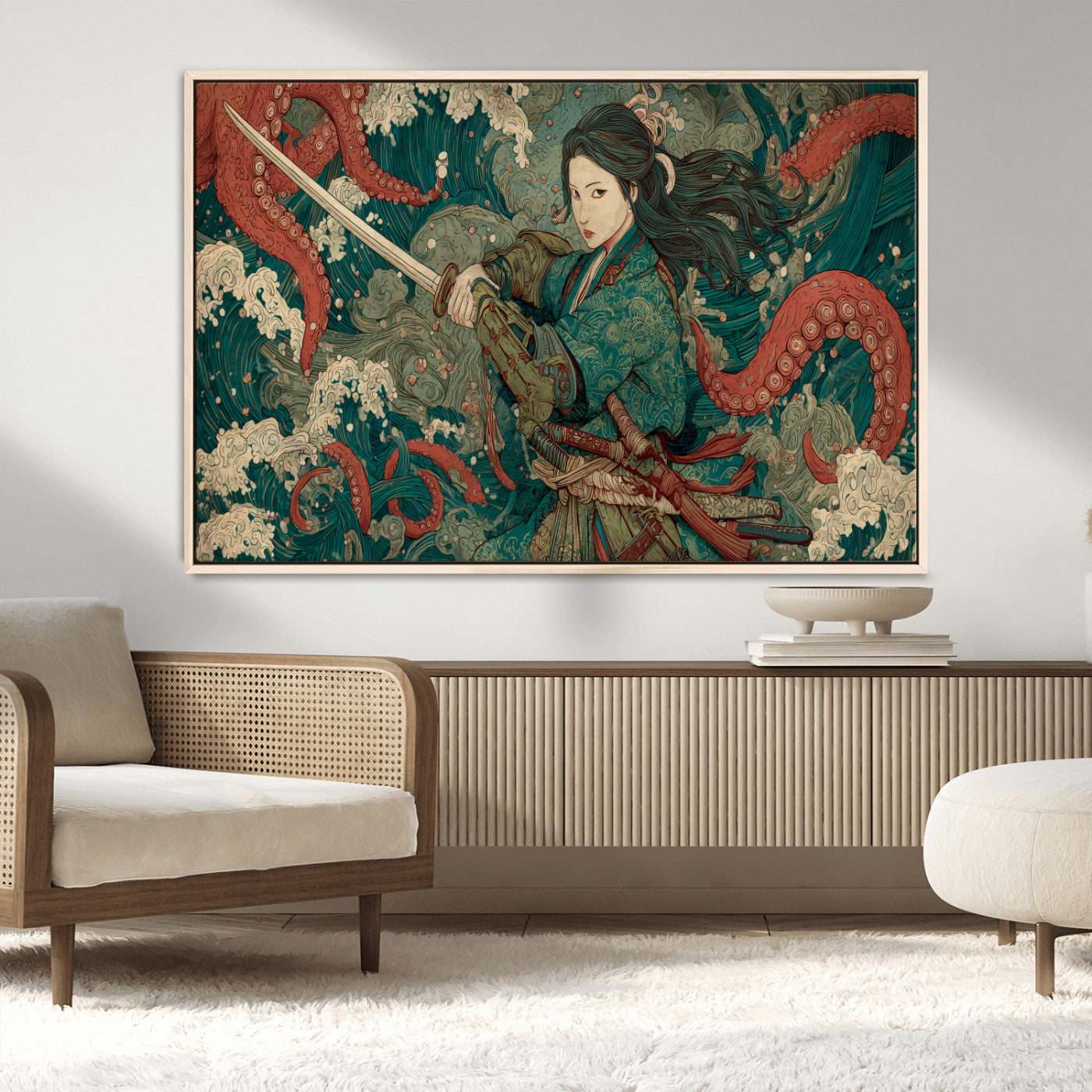 35461724-MGV-FC-36X24_Natural-Samurai Woman vs Octopus Wall Art – Japanese Ukiyo-e Ocean Waves Canvas Print, Red Tentacle Battle Artwork for Living Room,