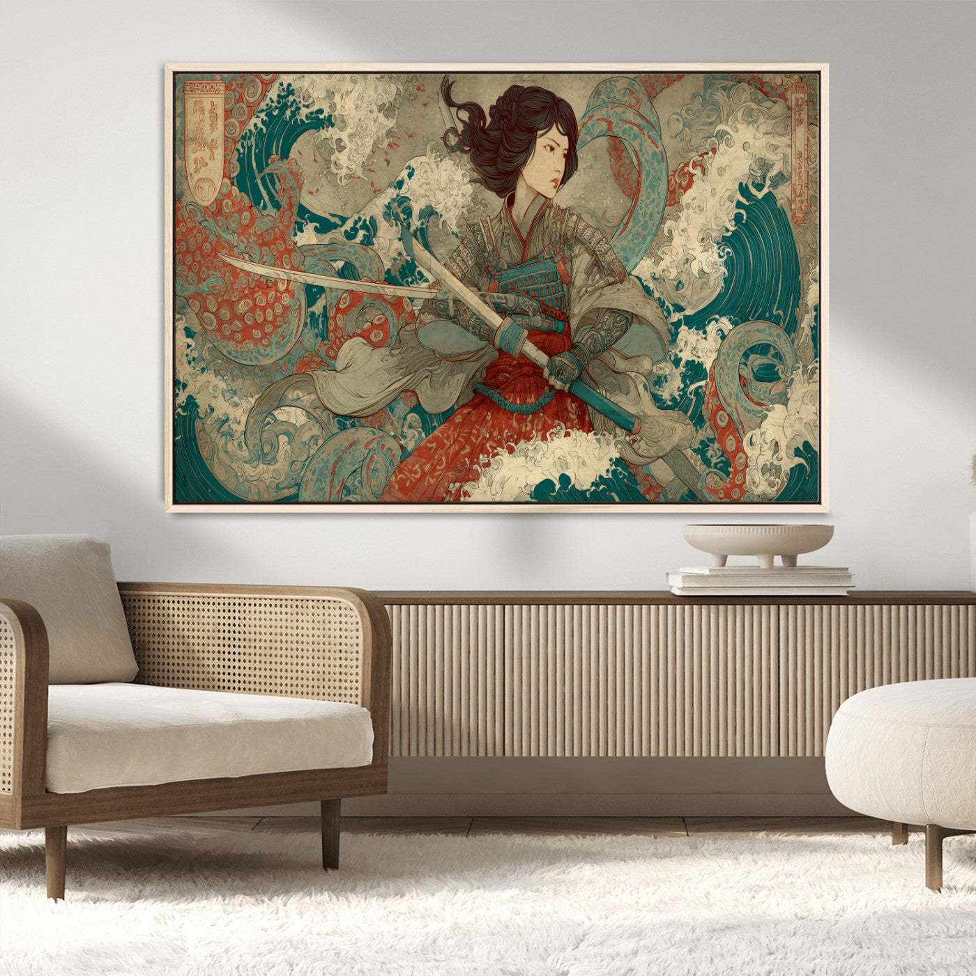 63377977-MGV-CV-36X24-Tsukioka Yoshitoshi Samurai Wall Art Print, Japanese Katana Warrior Canvas Wall Art, Octopus Sea Monster Canvas Print,