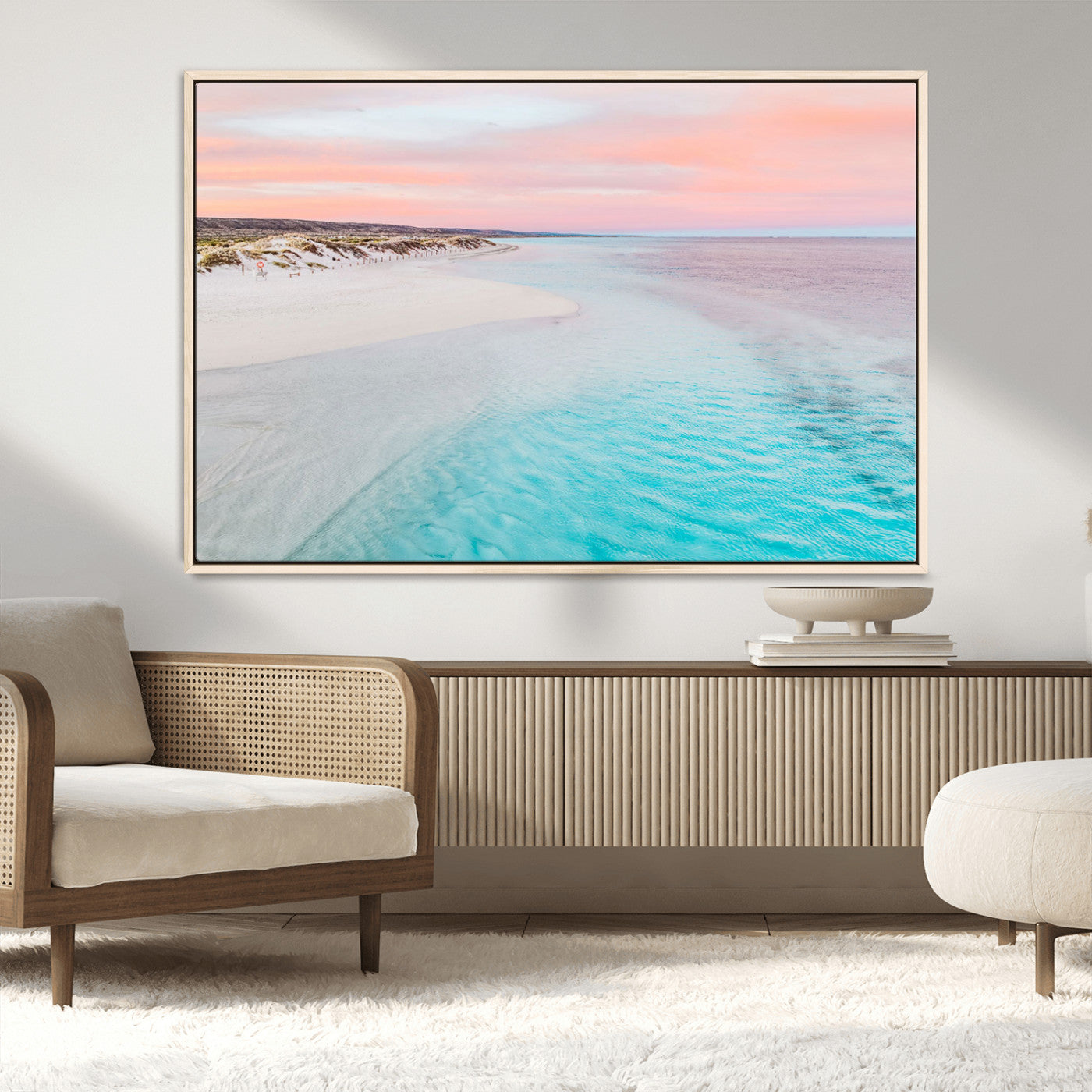 41613614-MGV-CV-36X24-Beach Sunset Wall Art – Pastel Ocean Canvas Print, Turquoise Water and Pink Sky Photography Decor for Bedroom, Living Room, Office