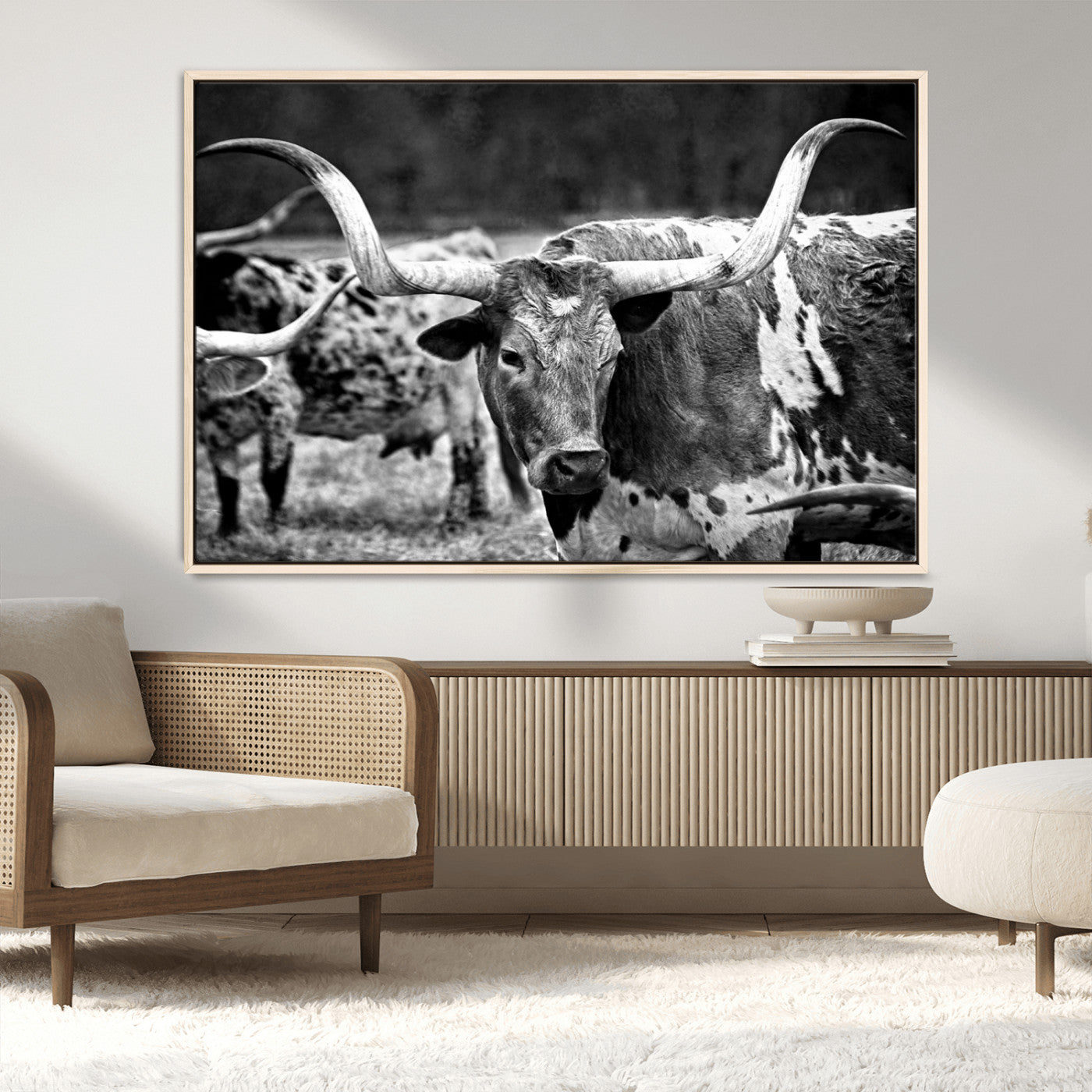 15425553-MGV-CV-36X24-Western Wall Art – Longhorn Cattle Black and White Canvas Print, Rustic Ranch Photography Decor for Bedroom, Living Room, Office,