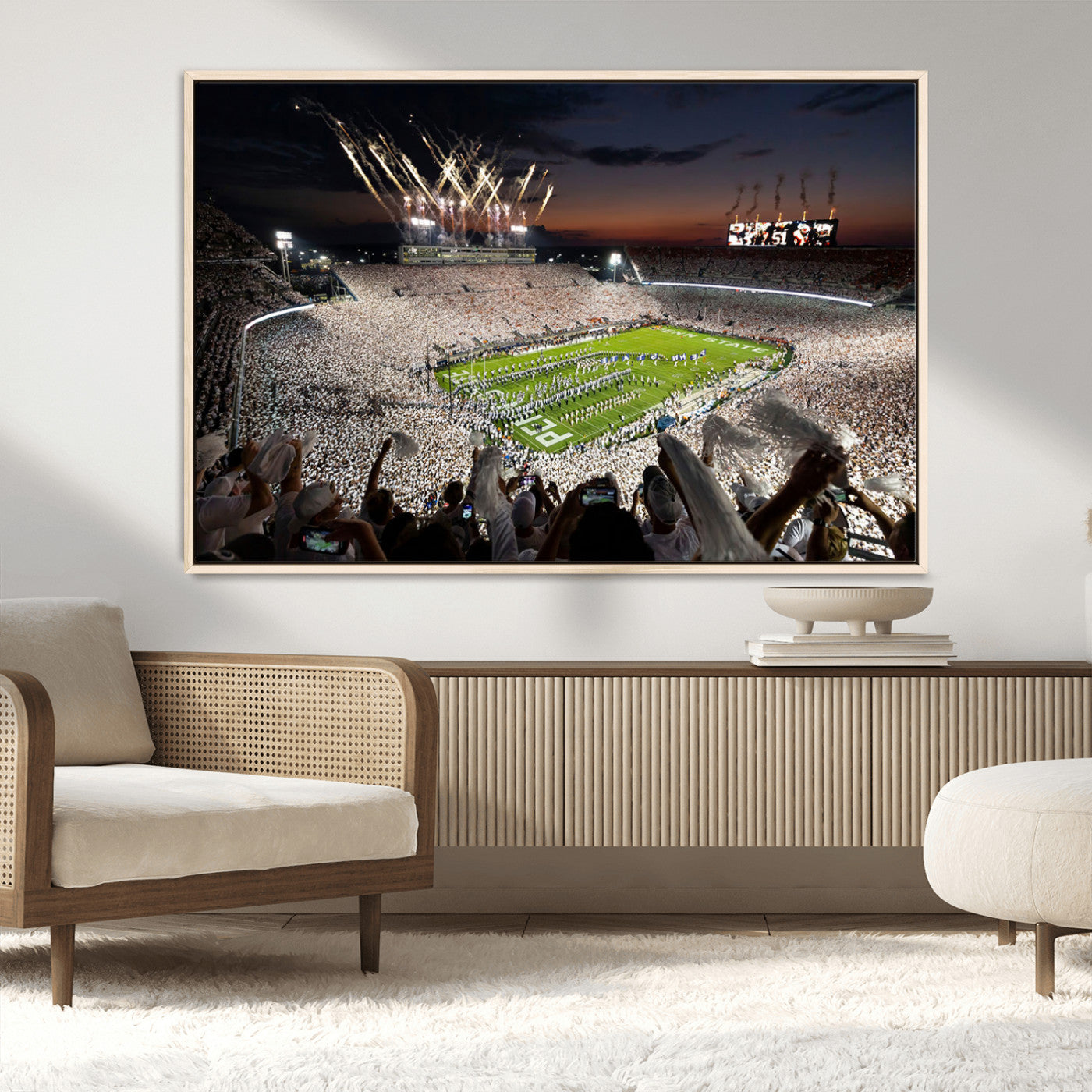 11221988-MGV-FC-36X24_Natural-Football Stadium Wall Art – Game Day Crowd with Fireworks, Sports Fan Photography Print, Stadium Decor for Man Cave, Bar, or