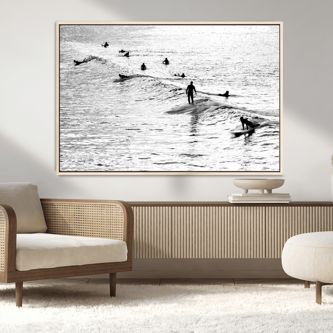 68018616-MGV-CV-36X24-Black and White Surf Photography Print – Minimalist Ocean Wall Art, Surfers Riding Waves, Coastal Beach Decor for Modern Home or