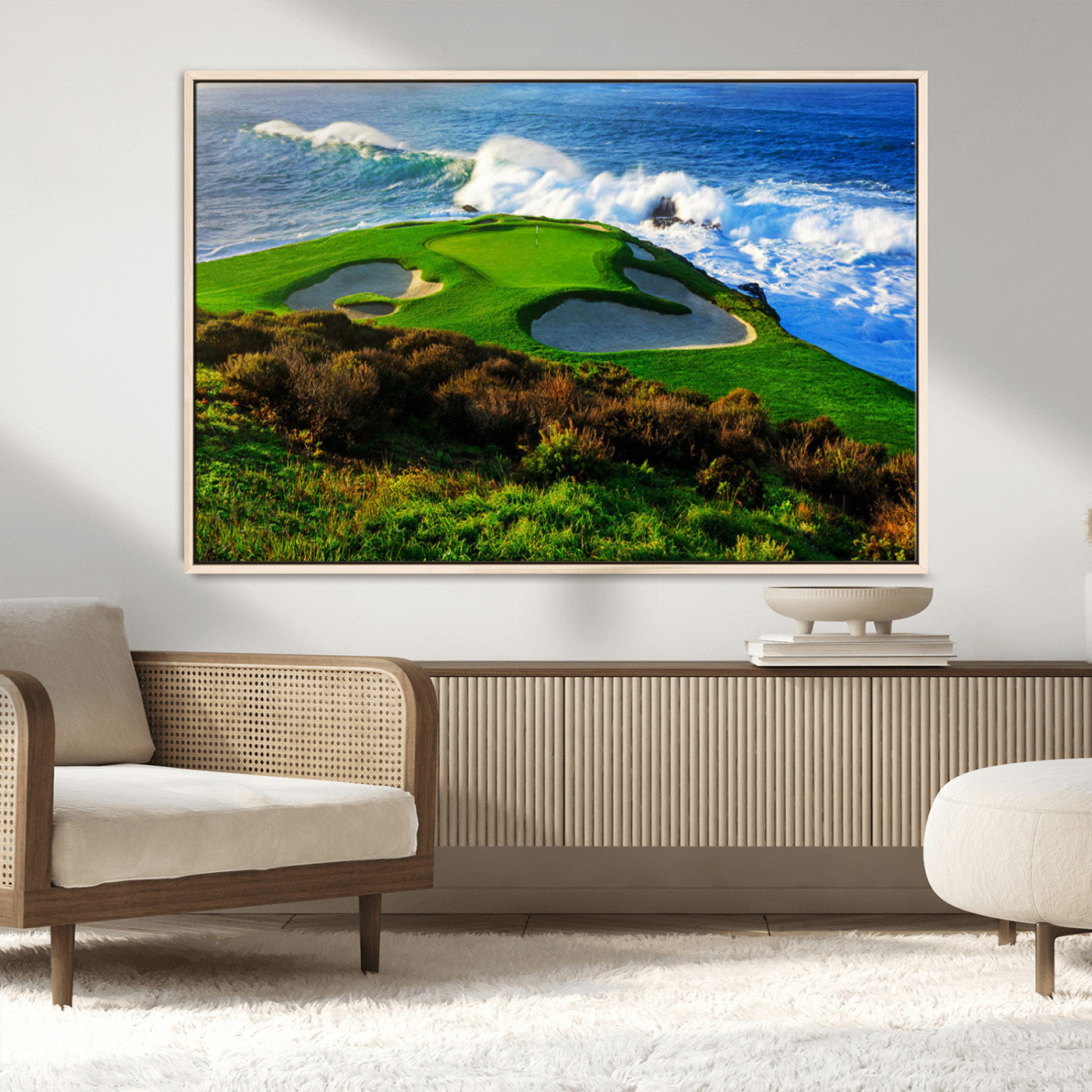 34181847-MGV-CV-36X24-Coastal Golf Course Wall Art – Panoramic Ocean Fairway Canvas Print, Scenic Sports Photography Decor for Office, Man Cave, Living